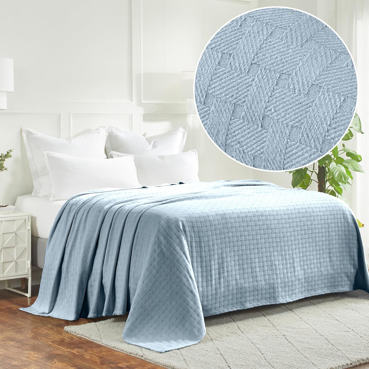 Superior Basketweave Cotton Blanket, Basket Weave Design, Soft, Comfy Cover for Bed, Bedding, Bedroom, Couch Throw, Lounging, Modern Boho Medium Weighted Blankets, Full/Queen, Light Blue - Image 2