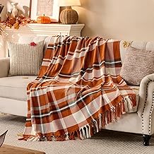 Lanpn Kuscheldecke Orange Kariert, Weiche Acryl Decke mit Fransen, Flauschige Wohndecke für Sofa/Couch/Bett, Leichte Allseason Sofadecke Atmungsaktive Überwurfdecke mit Karomuster 130x150 cm