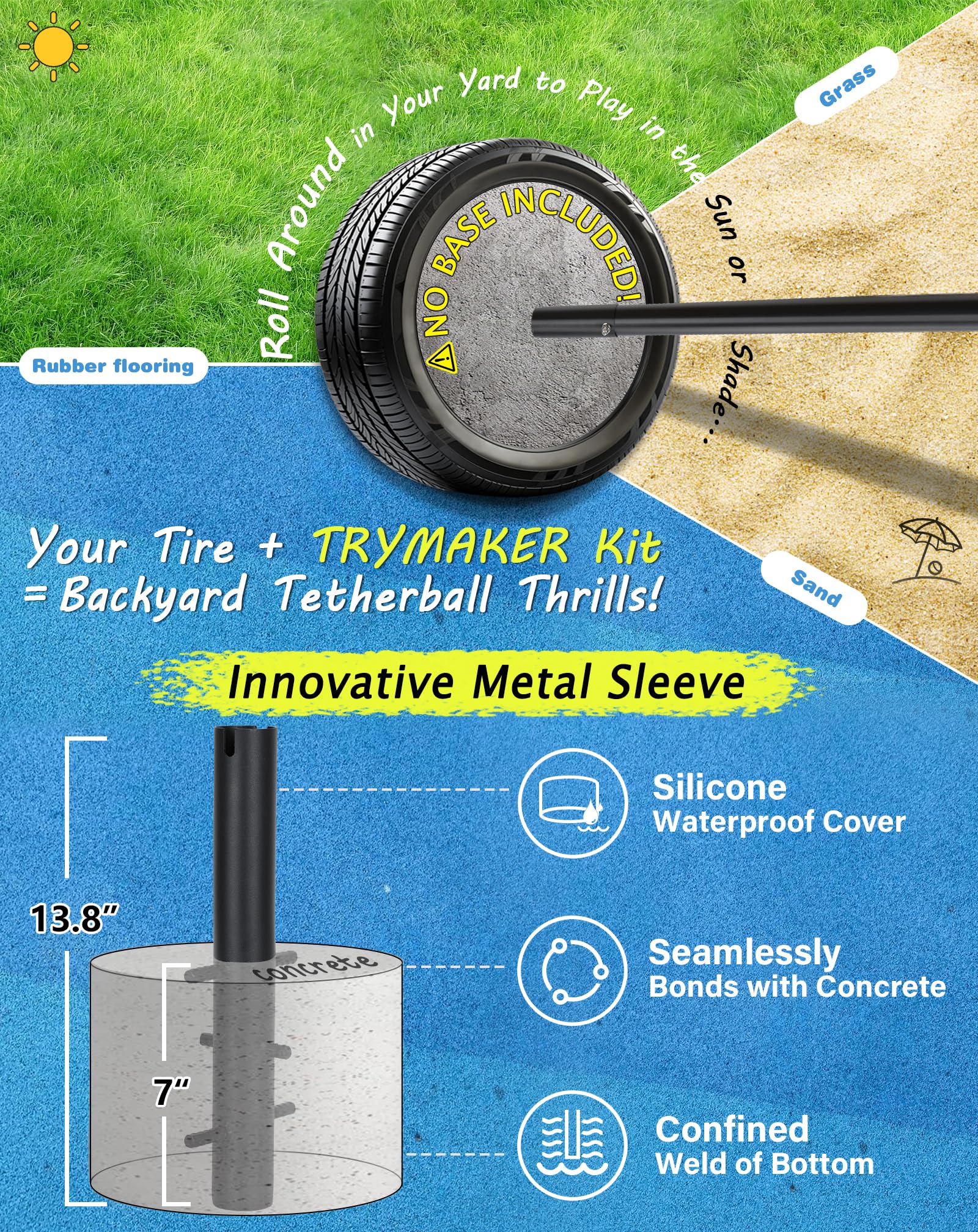 Trymaker Tetherball Set, Tether Balls and Rope Set with Pole 10.43ft Height Heavy Duty, Soft Tetherball Equipment Kit for Backyard Outdoors Kids and Adult(No Base Included)