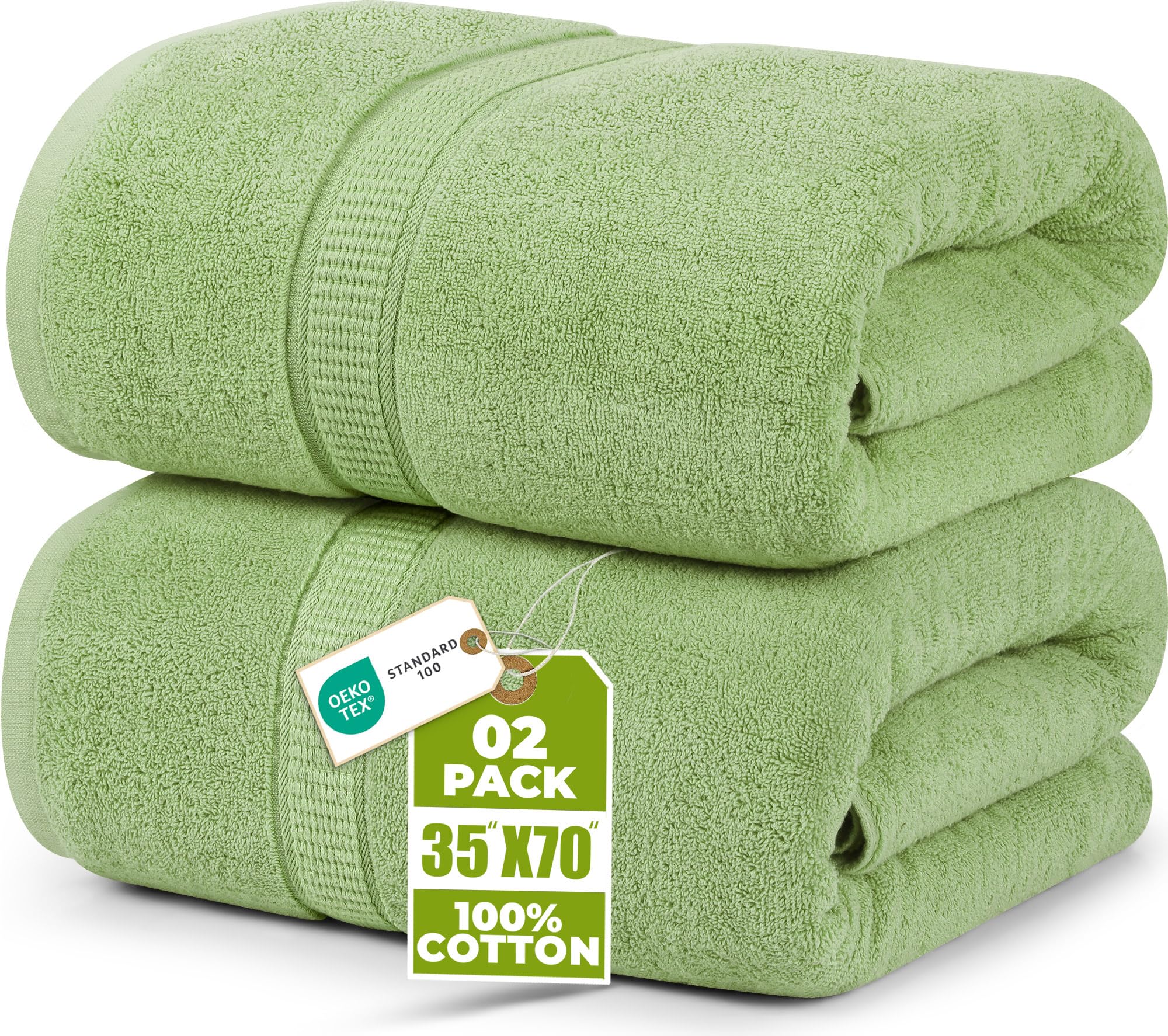Premium Jumbo Bath Sheet (90 x 180 cm, 2 Pack) - 100% Ring Spun Cotton Highly Absorbent and Quick Dry Extra Large Bath Sheet - Super Soft Hotel Quality Towel (Sage Green)