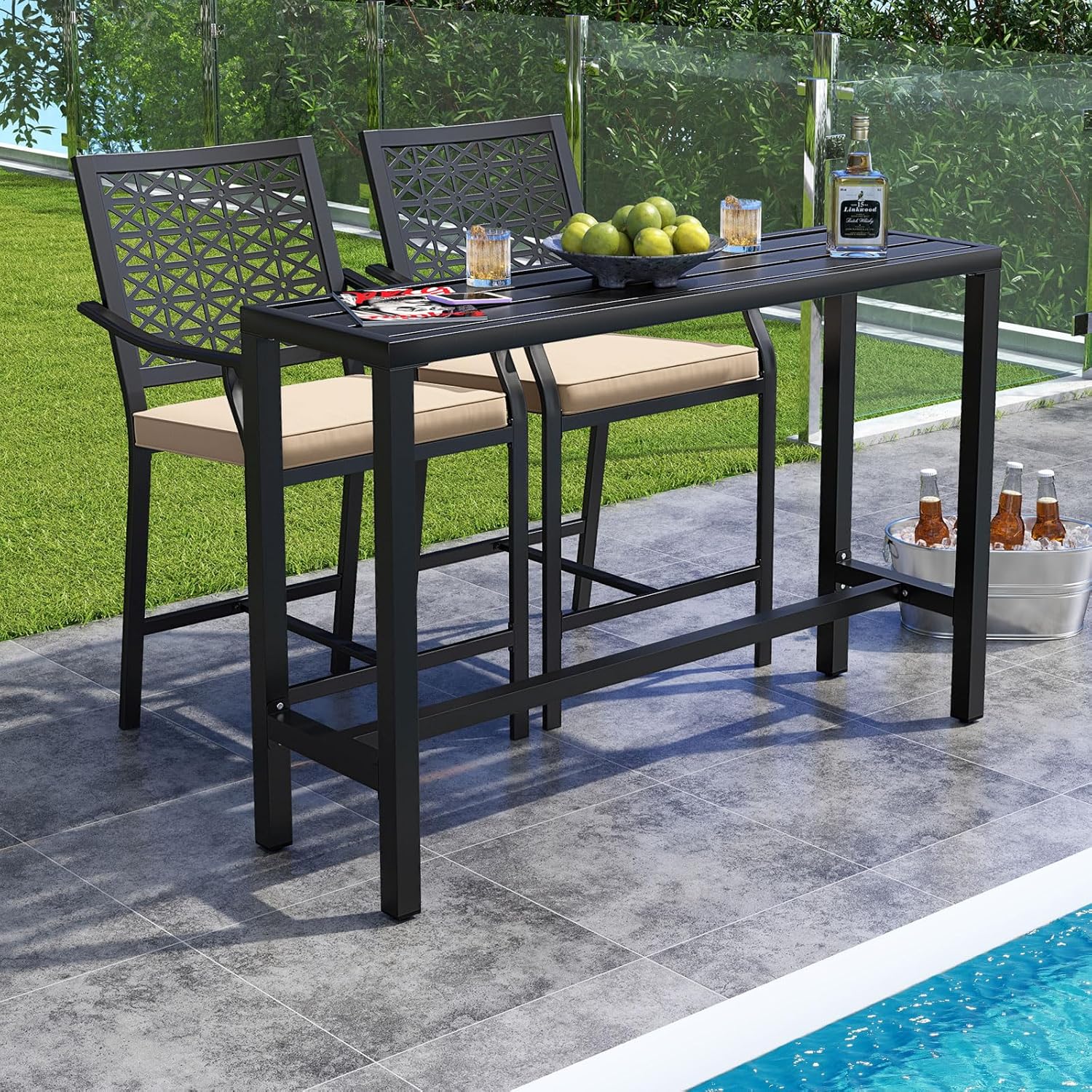 COSTWAY Set of 2 Outdoor Bar Stools, 25'' Patio Tall Chairs w/Seat Cushions, Armrests & Footrest, 330 LBS Capacity, Metal Counter Height Dinning Stools for Garden, Deck, Poolsidec