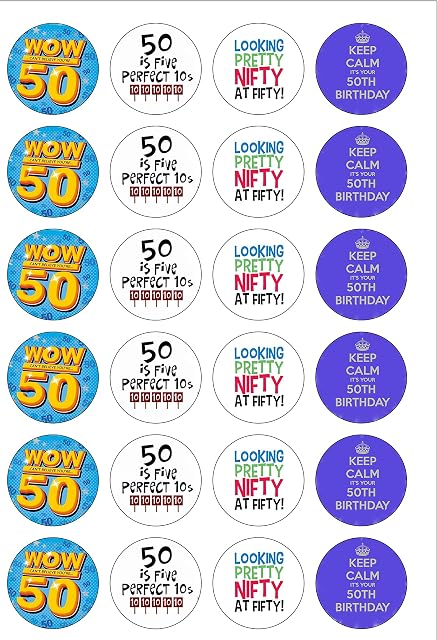 24 Precut Age 50 Fifty Fiftieth 50th Birthday Edible Wafer Paper Cake Toppers Decorations