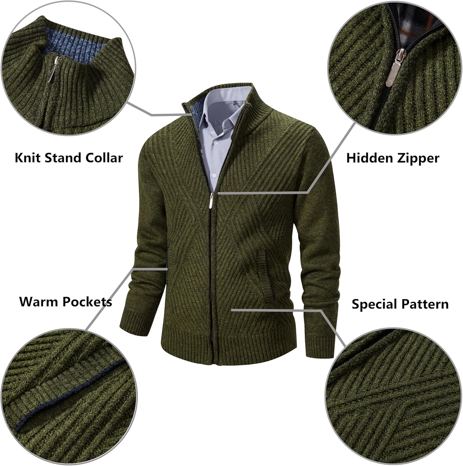 VtuAOL Men's Cardigan Sweaters Full Zip Sweaters Stand Collar Casual Knitted Cardigan with Pockets - Image 3