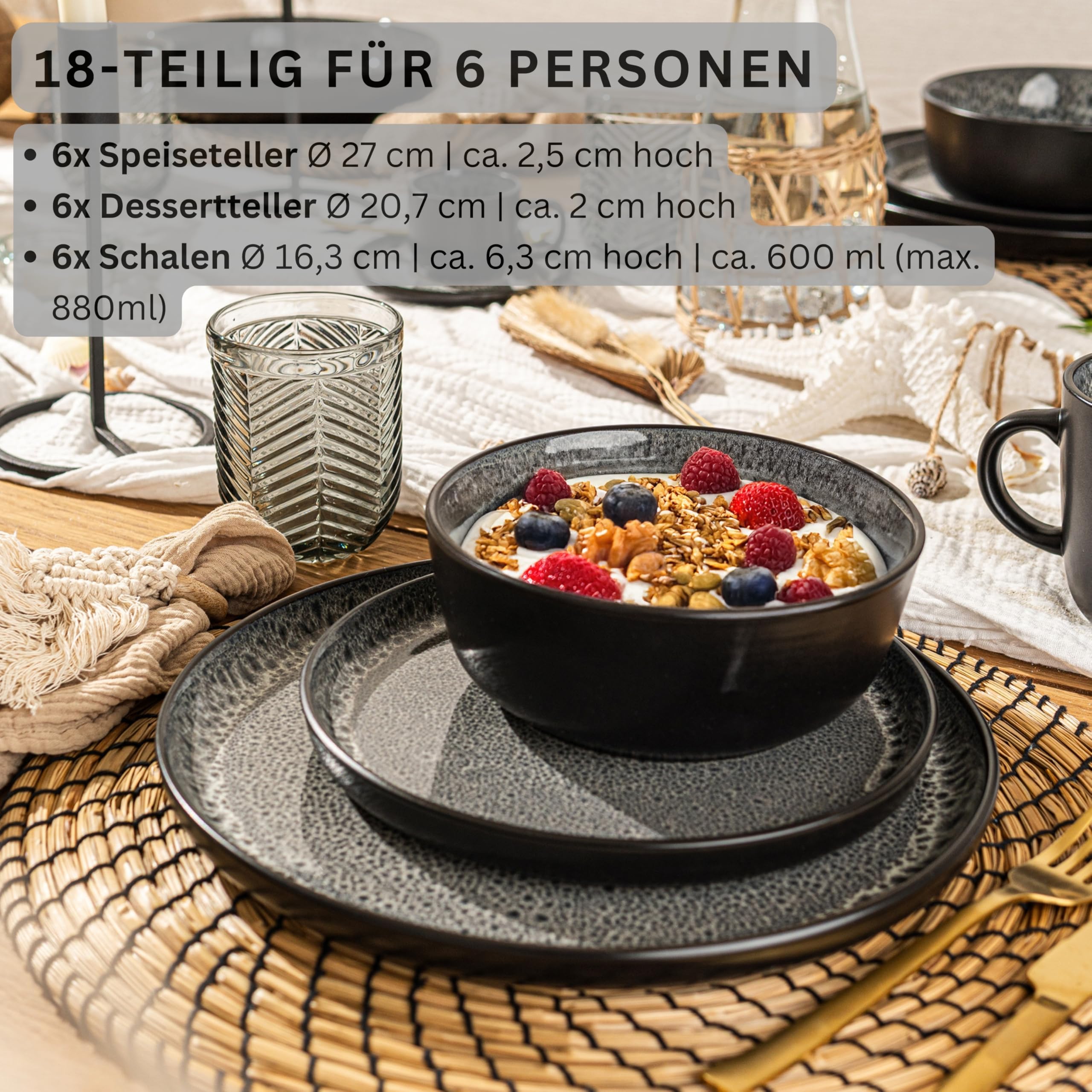 SÄNGER Sydney - Vajilla de loza para 6 personas, 6 platos planos, 6 cuencos para cereales, 6 platos de postre, juego de mesa gris oscuro resistente a los arañazos, value Collection