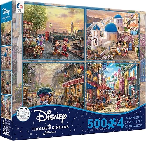Ceaco - Paquete múltiple 4 en 1 - Thomas Kinkade - Disney - Mickey y Minnie - (4) rompecabezas de 500 piezas