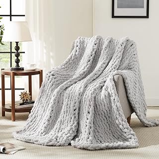 L'AGRATY Chunky Knit Chenille Throw Blanket 50x60 Grey - 100% Hand Knitted Soft Cable Knit for Couch Bed Sofa Home Decor
