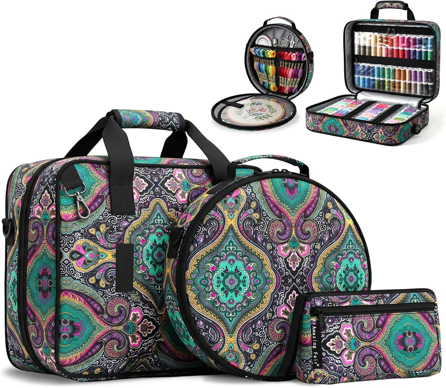 3-in-1 Modular Embroidery Project Bag, Detachable 12 inch Hoop Carrying Case with Accessory Pouch, Water-Resistant Travel Organizer for Stitching Threads and Tools, Paisley