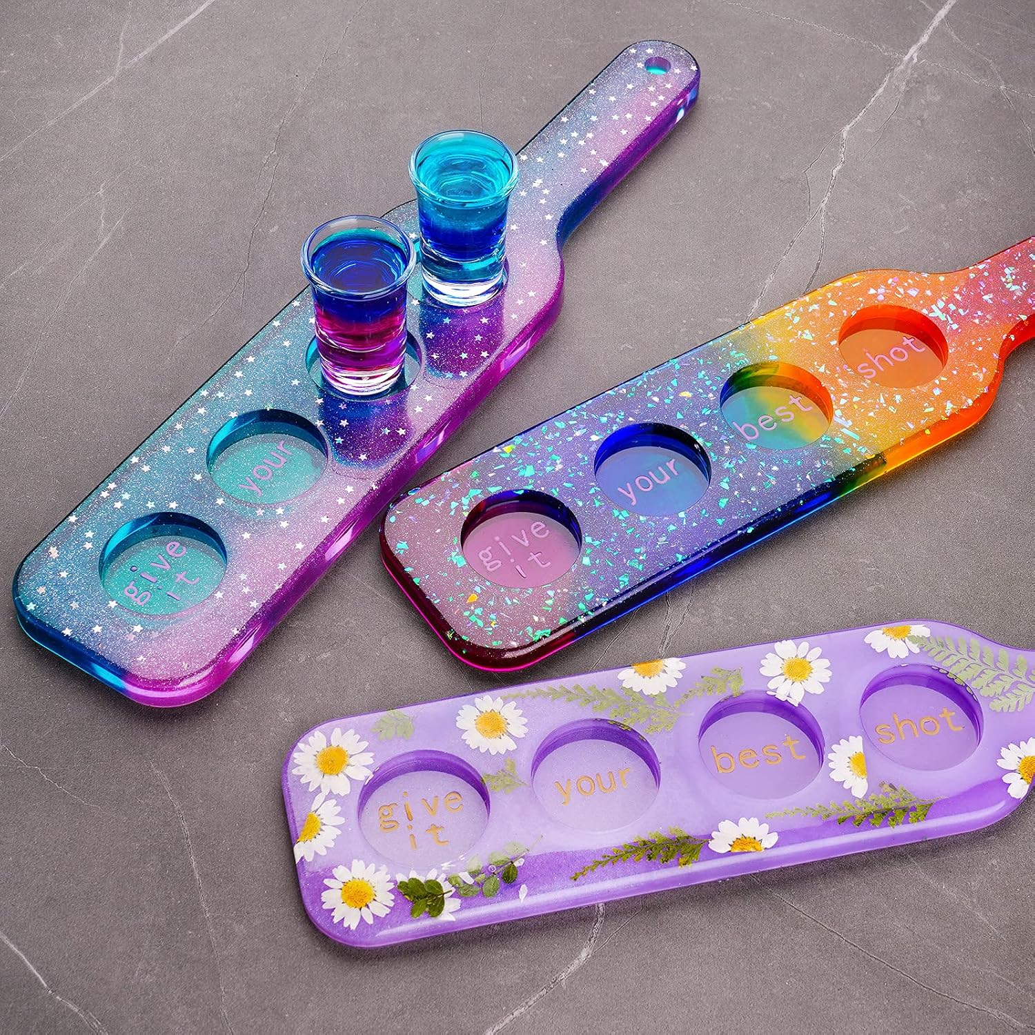 NiArt Shot Glass Serving Tray DIY Epoxy Resin Art Silicone Casting Mold, 4 Holes Board Beer Flight Paddle Holder Wine Whiskey Tasting Sampler Hanger Agate Home Decor Gift Crafts Party Clubs UV Plaster