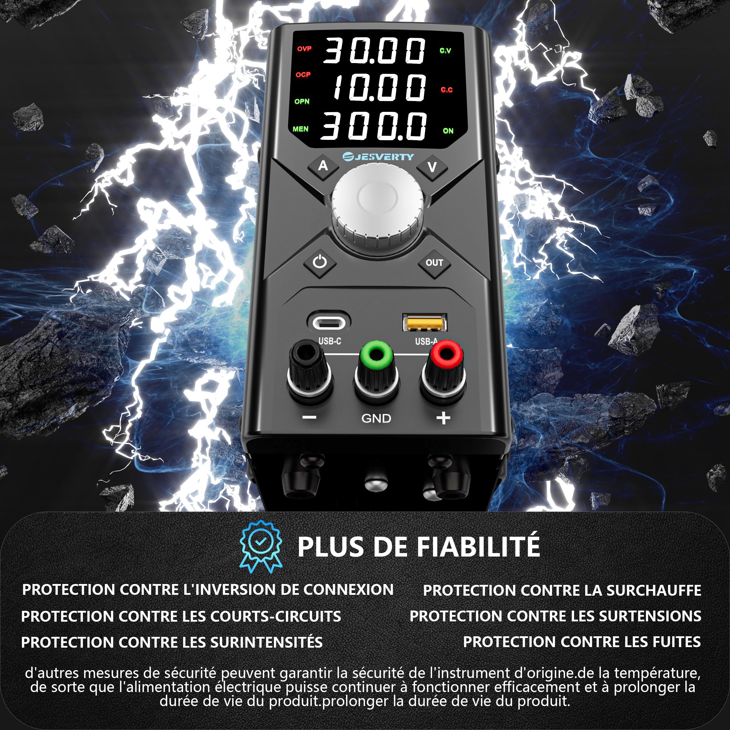 Alimentation CC Variable 0-30V 0-10A, Alimentation de Banc régulée CC à Commutation réglable avec Bouton d'encodeur, Charge Rapide USB-A et USB-C, mémoire prédéfinie