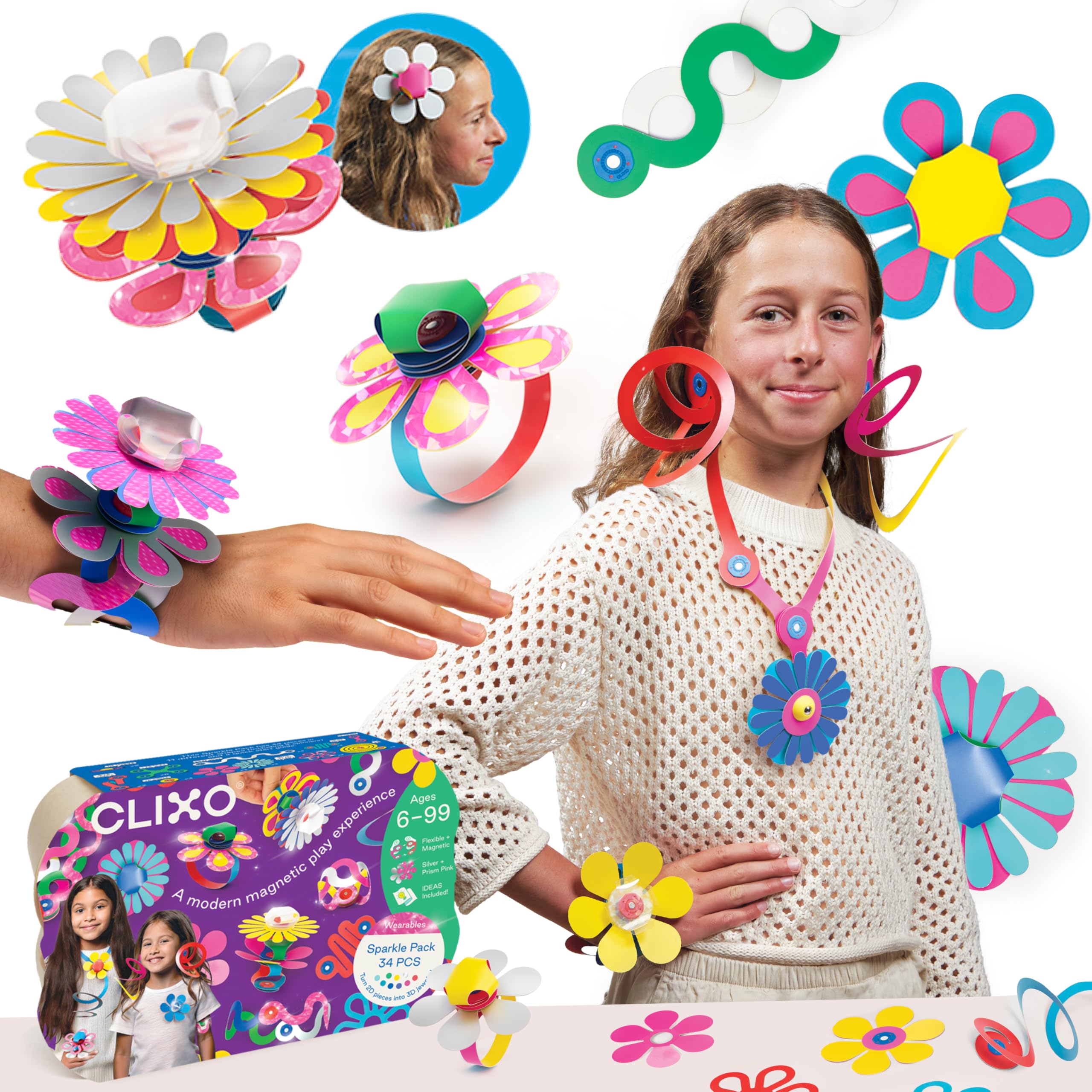 Clixo Sparkle Pack, Holographic STEAM Magnetic Building Toys (34 Pc, 6+) | Create holographic necklace, bracelet & headpieces! Flexible open ended toys for screen-free play. Magnetic STEAM gift sets.