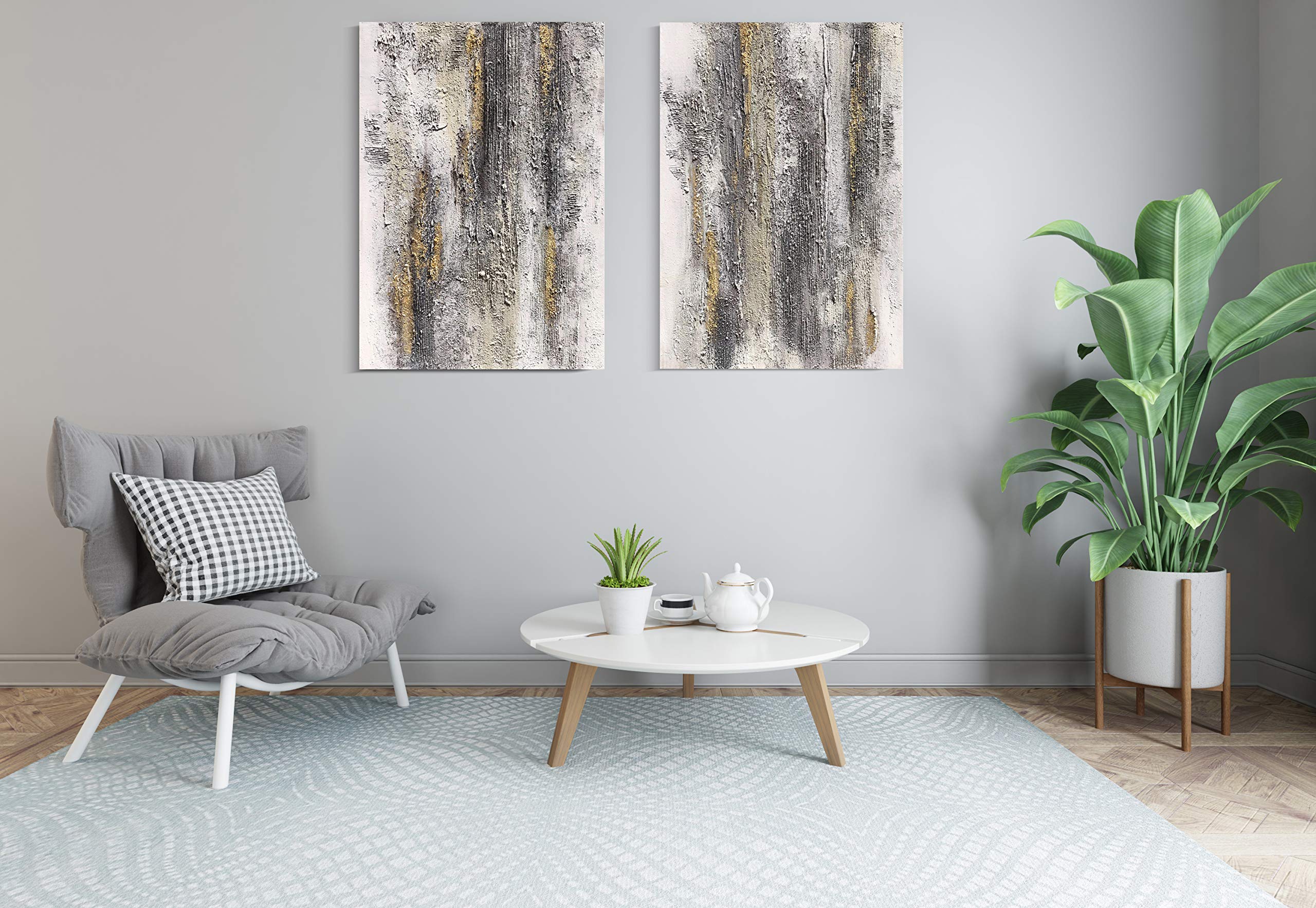 Yihui Arts Modern Abstract Canvas Wall Art Decor Grey White Gold Foil Paining Pictures With Sand Heavy Textures Artwork For Living Room Decoration