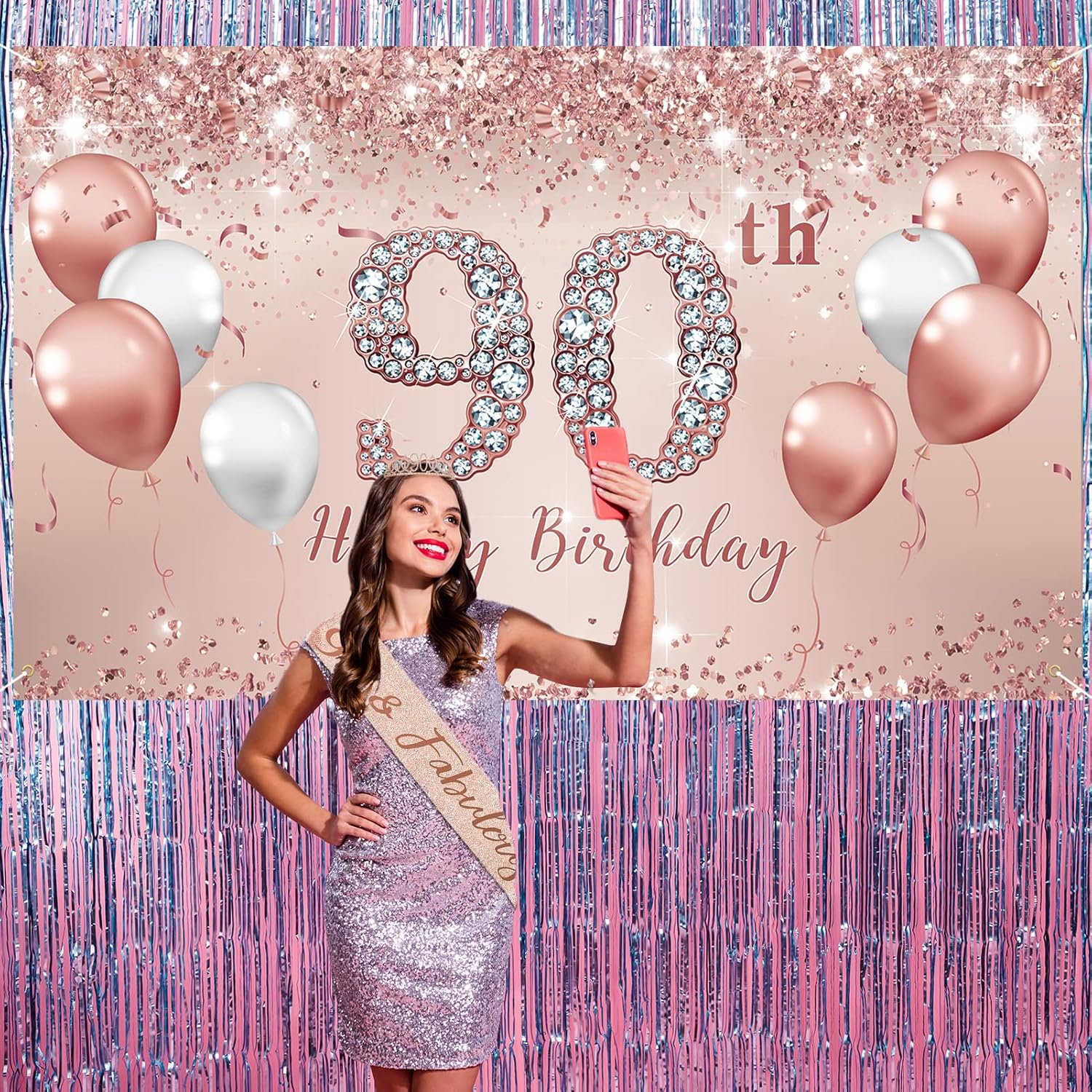 Trgowaul 90th Birthday Decorations Party Set for Women, Rose Gold 90 Birthday Banner and Tablecloth, 90 & Fabulous Sash and Tiara, 1PC Happy 90th Birthday Cake Topper, Pink Gold 90 Number Balloons - Image 6