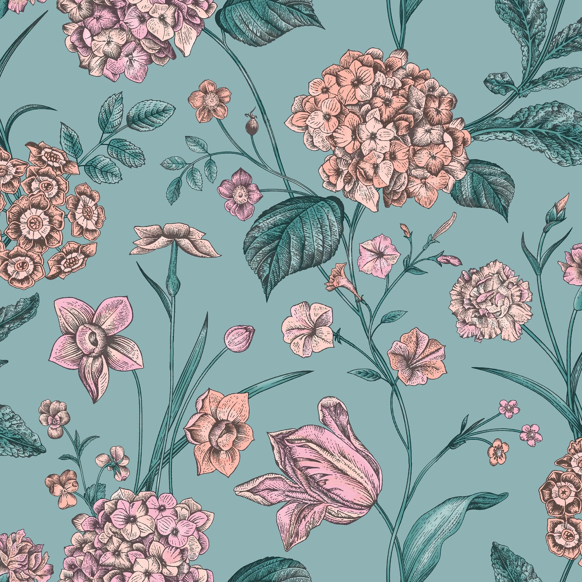 SOPHIE LAURENCE Hydrangea Garden Flowers Teal Green Floral Wallpaper, Vintage Botanical Wall Decor for Living Room, Bedroom, Dining Room, and Interior Design