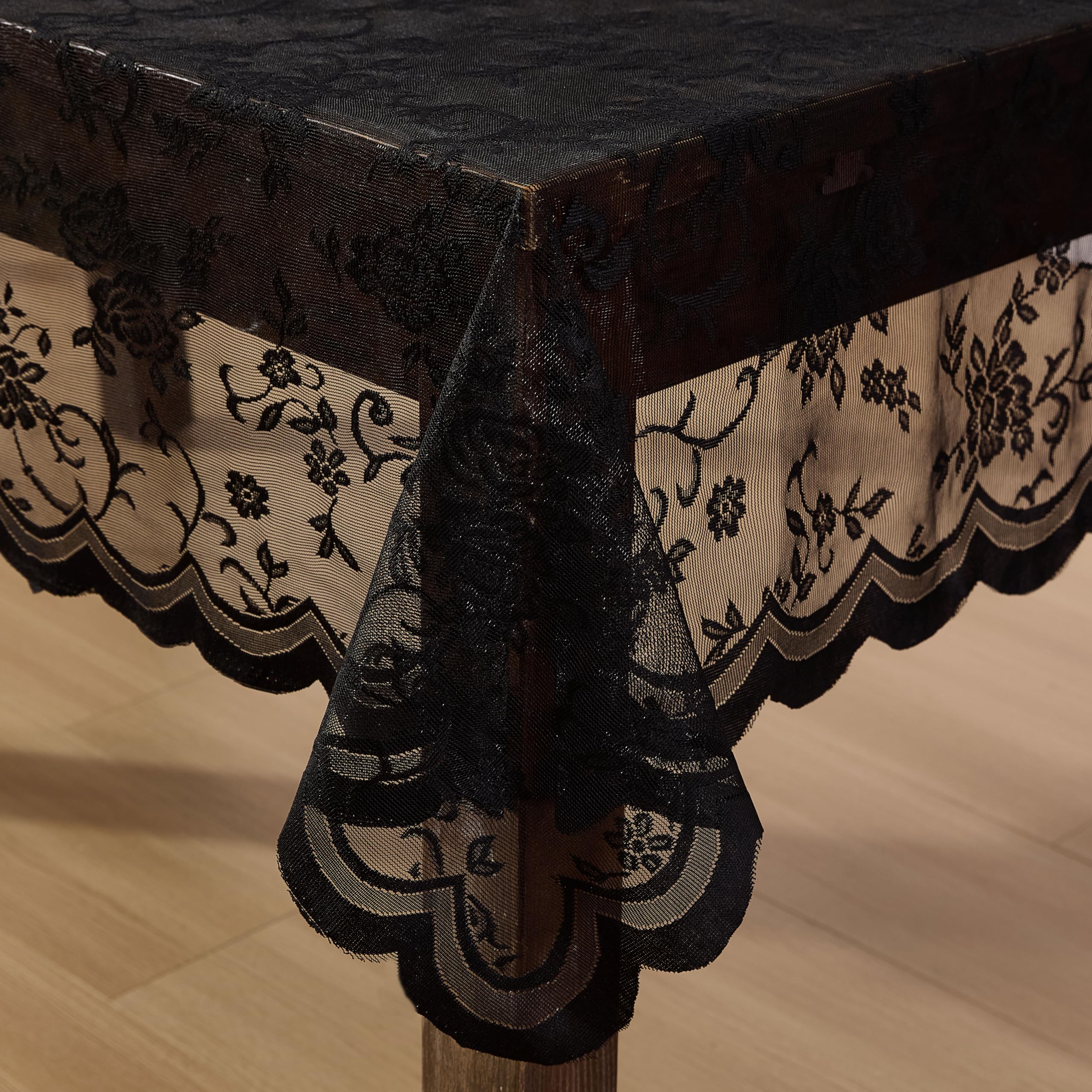 HLC.ME Harper - Mantel de Tela de Encaje Floral, Mantel de Tela de Encaje para mesas Redondas, Mantel Resistente a Las Arrugas, Mantel Festoneado Estampado (70 Redondo, Negro)