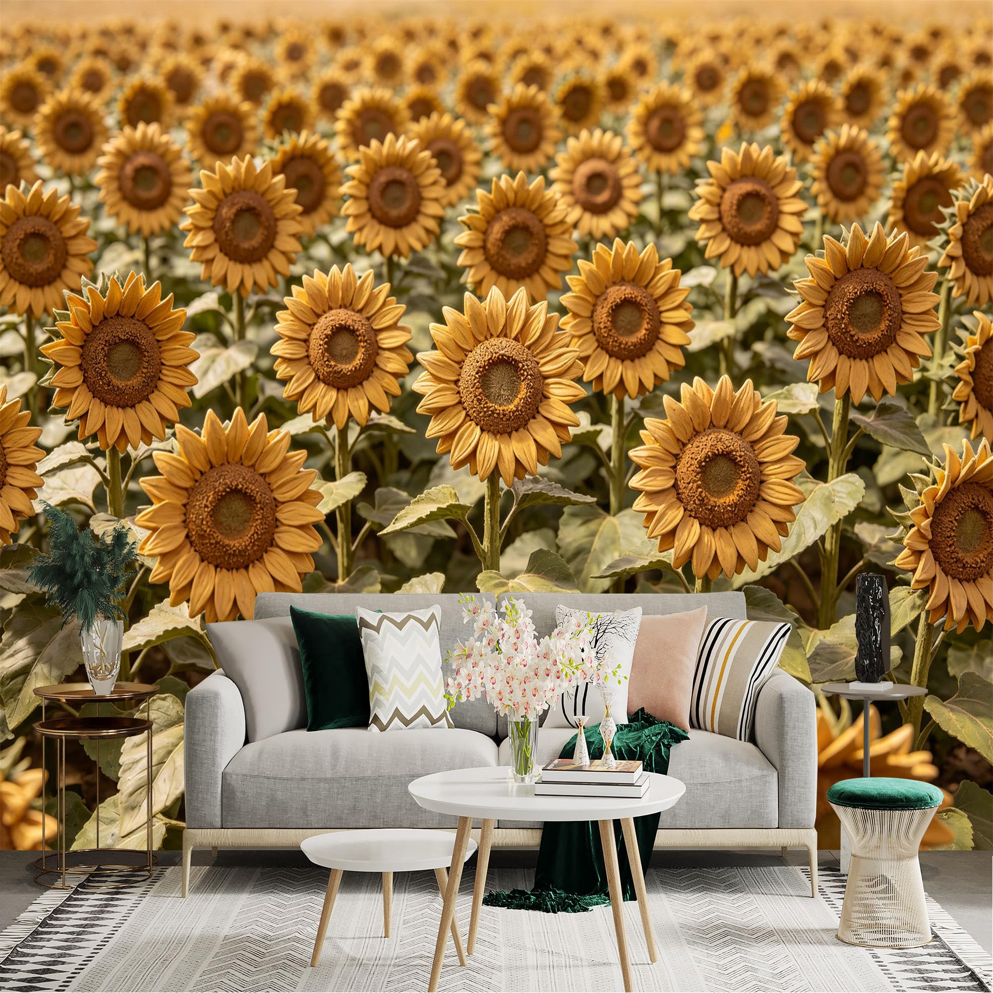 Lnzczhyre Dbh260521639 Custom Size Wall Sticker Mural， Golden Sunflower Field， Warm Sunny Summer Farm， Blooming Floral Landscape， Vibrant Nature Botanical Art， For Wall Decoration， Peelandstick Wall Decals.