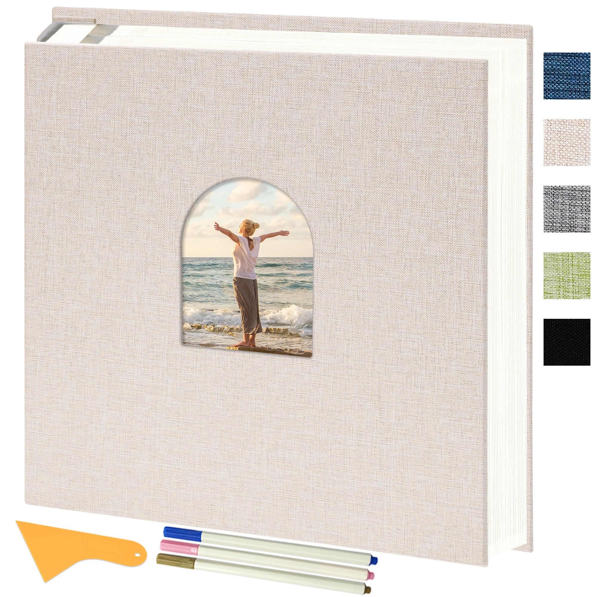 Vienrose 12.60x13 Inch Self-Adhesive Photo Album Linen Cover Arch Window Scrapbook Album 120 Pages Blank Inner Page Memory Book with Three Metallic