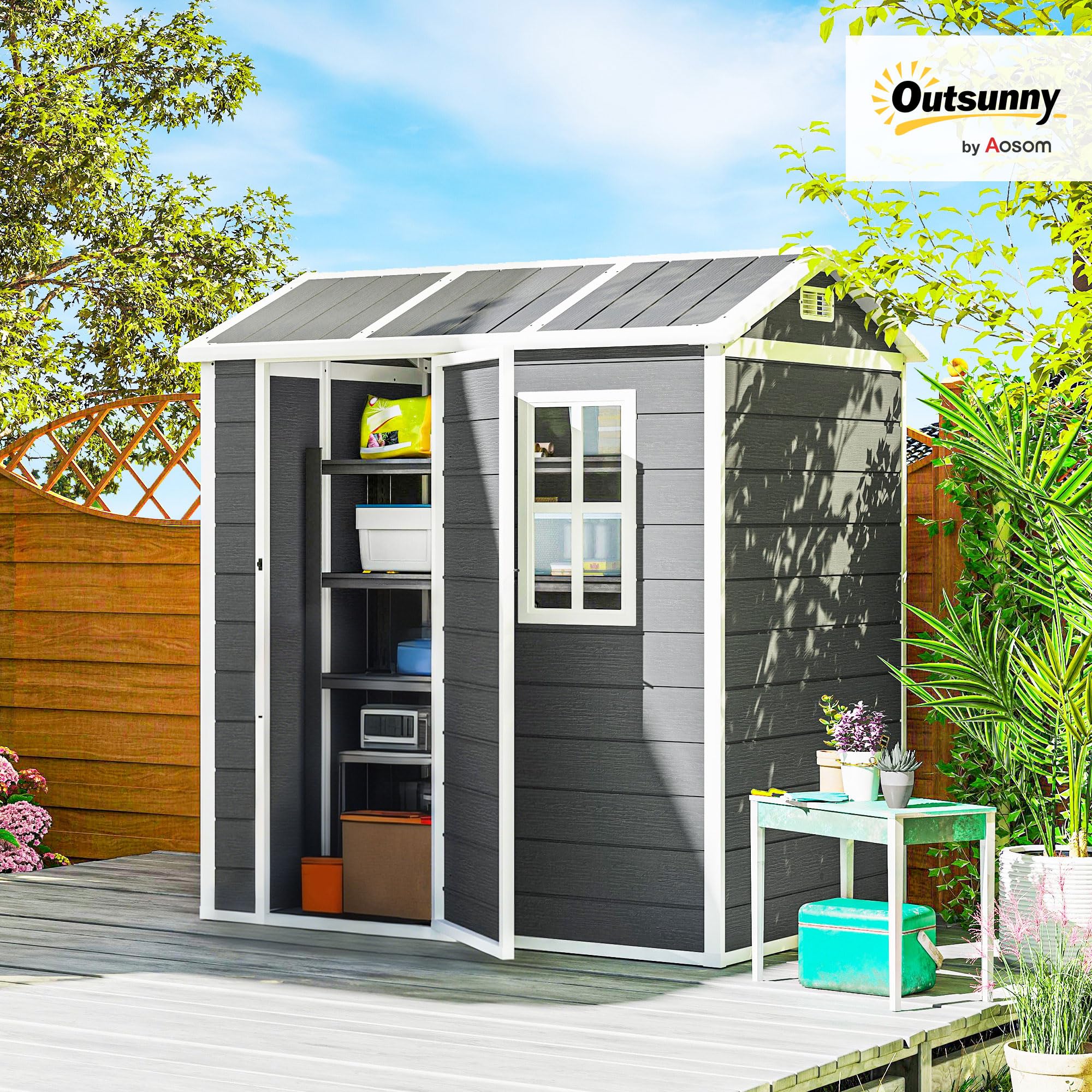 Outsunny Domek na narzędzia z tworzywa sztucznego, 2,1 m², 186 x 130 x 199 cm, szopa na narzędzia z dachem dwuspadowym, podłogą, oknem, zamykanymi drzwiami, odporna na warunki atmosferyczne, domek