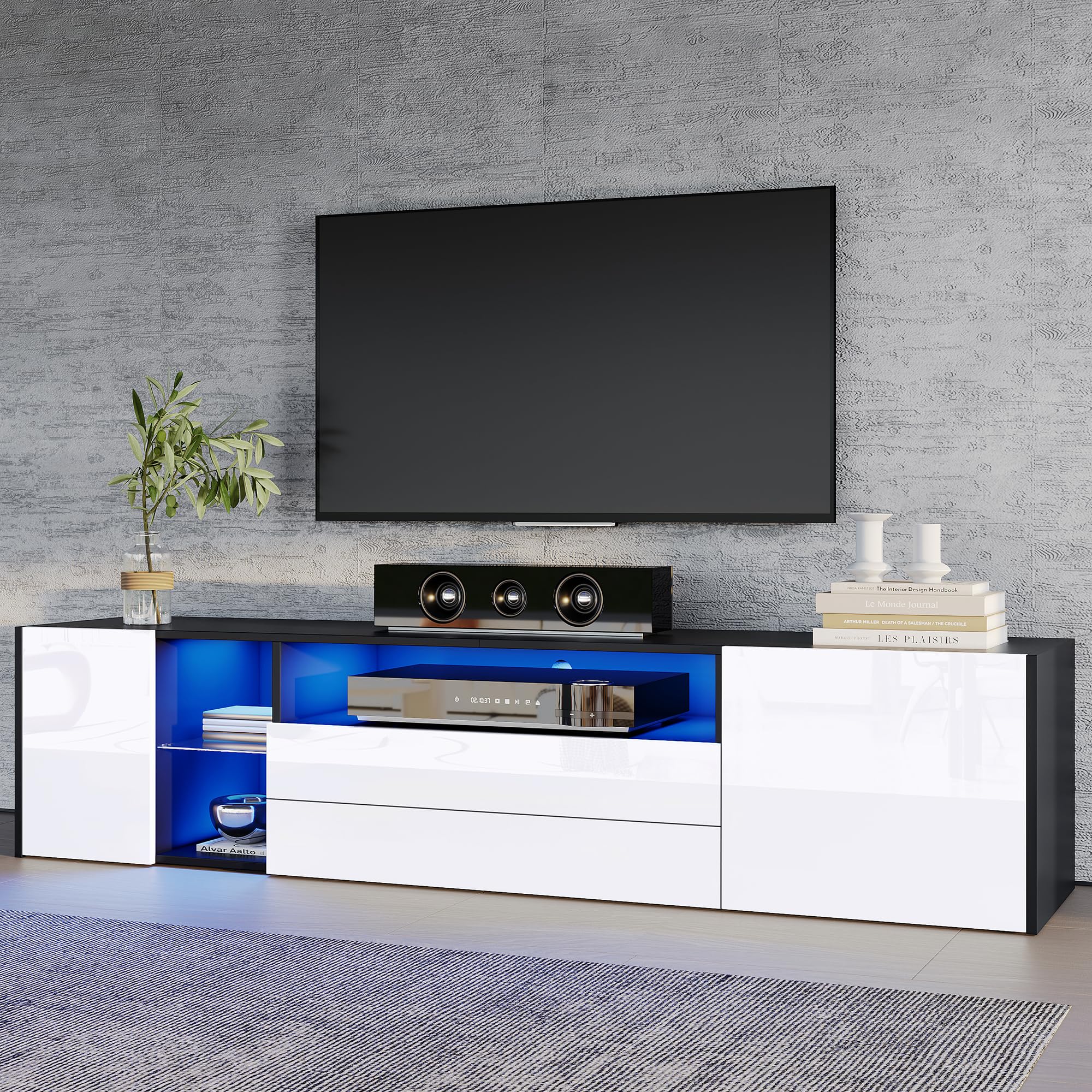 Mobile TV, TV Board,TV Board,LED lucido, supporto TV con 2 cassetti e 2 armadi, adatto per TV da 75", giuntura bianca e nera
