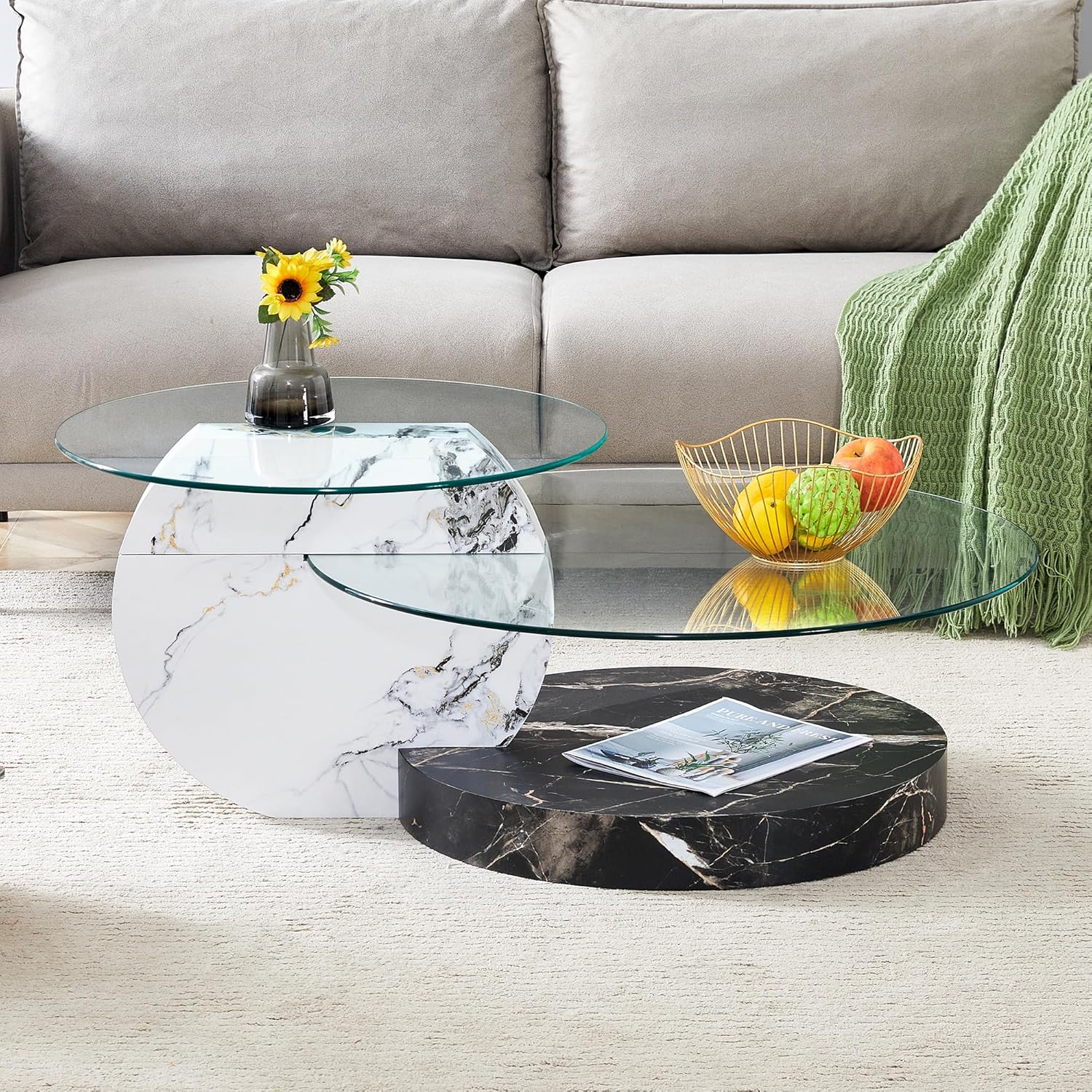 Glass Coffee Table,Modern Round Coffee Tables,42 Inch Wood
