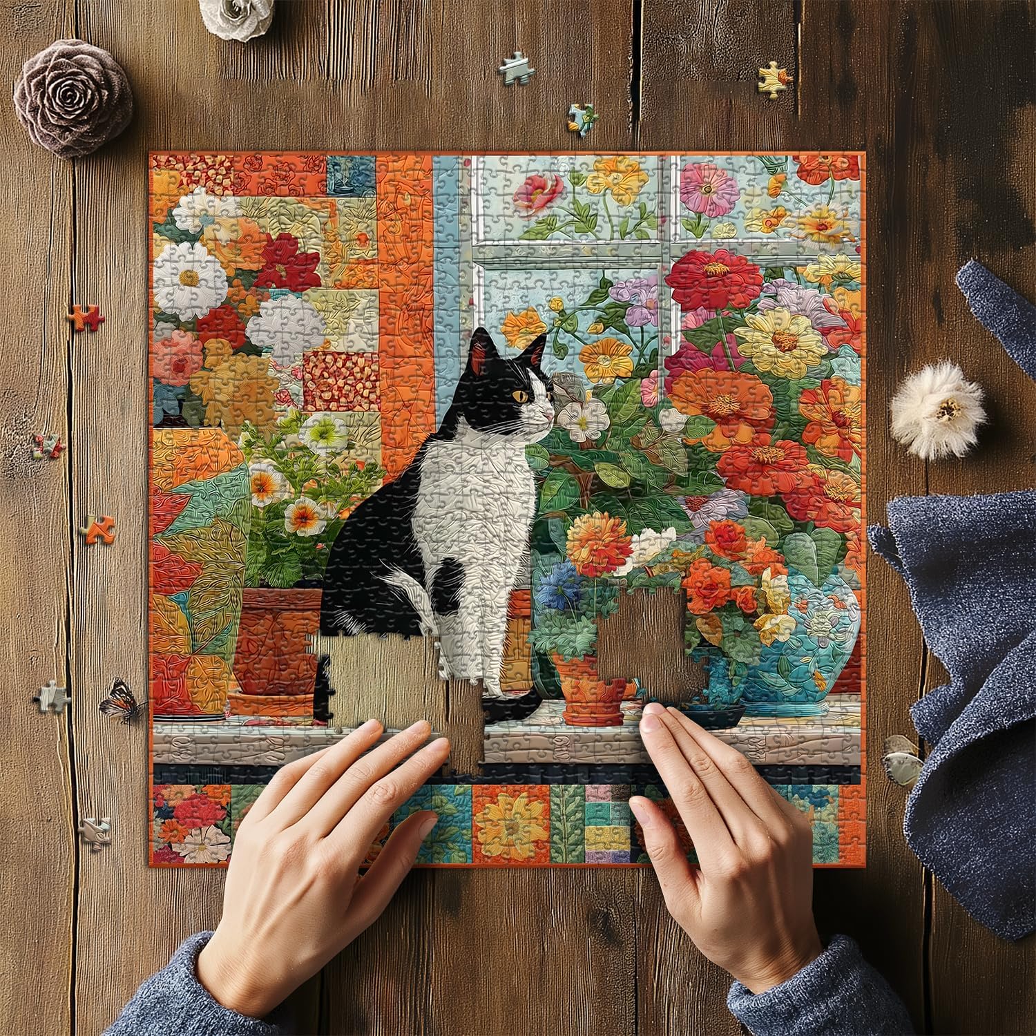 Cat Puzzle for Adults 1000 Pieces, Patchwork Quilt Kitty Colorful Flower Puzzle, Kitten Floral Puzzles, Challenging Jigsaw Puzzles for Adults