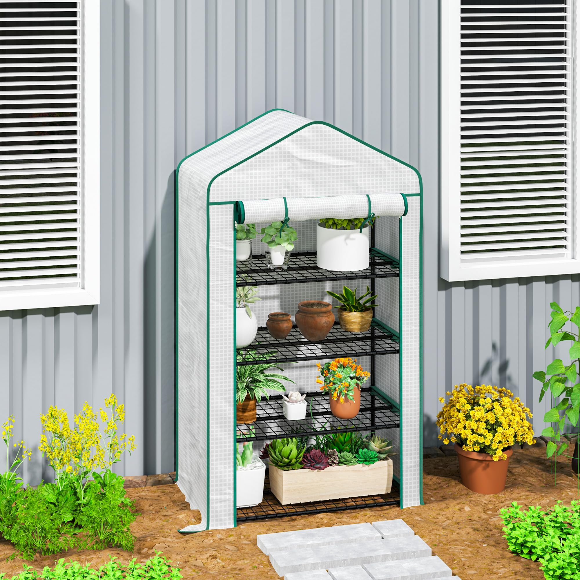 Outsunny Mini serra allargata 4 ripiani, copertura PE rinforzata Bianco | Serra portatile, porta a cerniera, ripiani in metallo, interno/esterno, 90x49x160cm