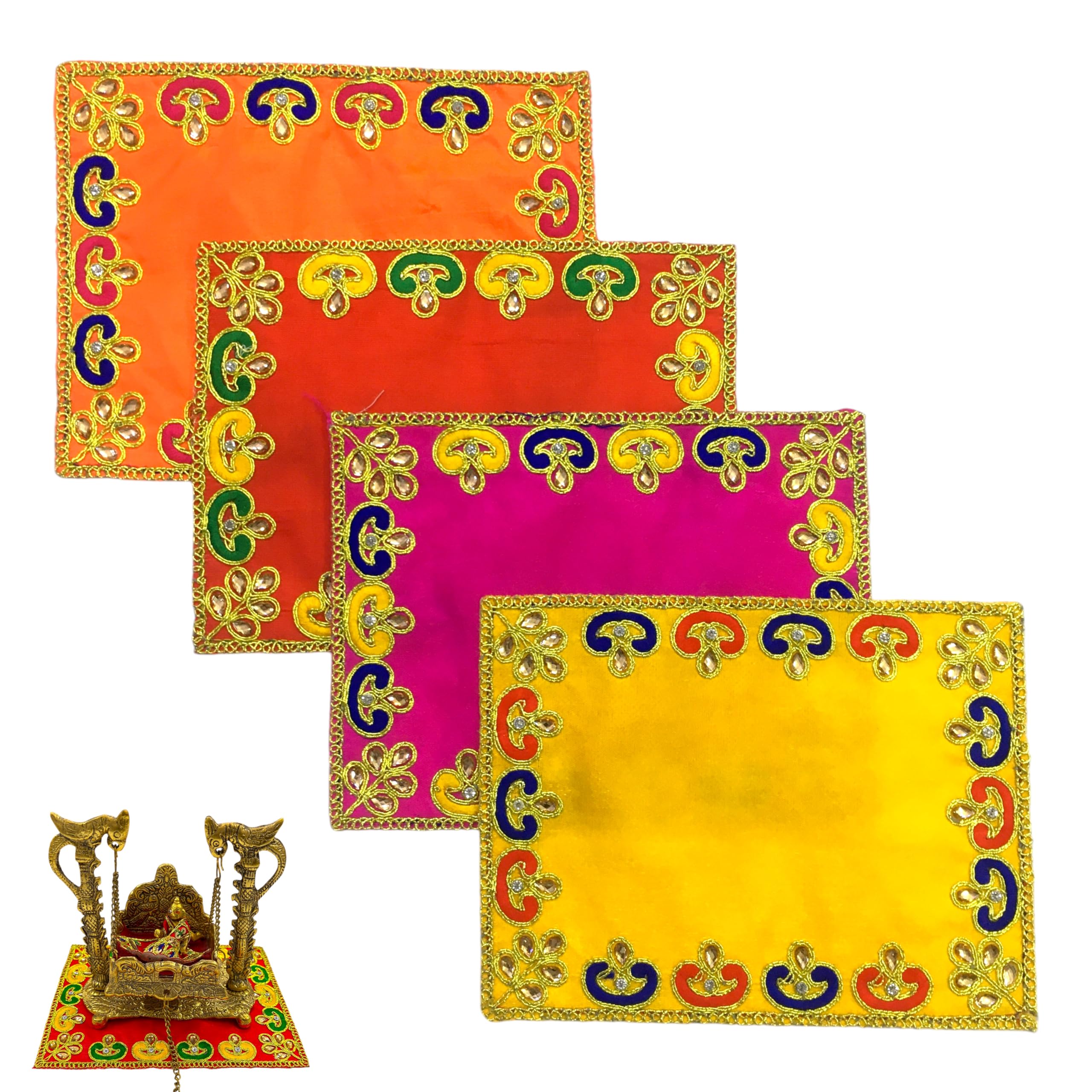 Silk Embroidery Pooja Aasan with Stone Work, God Idol Sitting Asan, Mandir Chowki, 6x8 Inch, Pack of 4-image-28