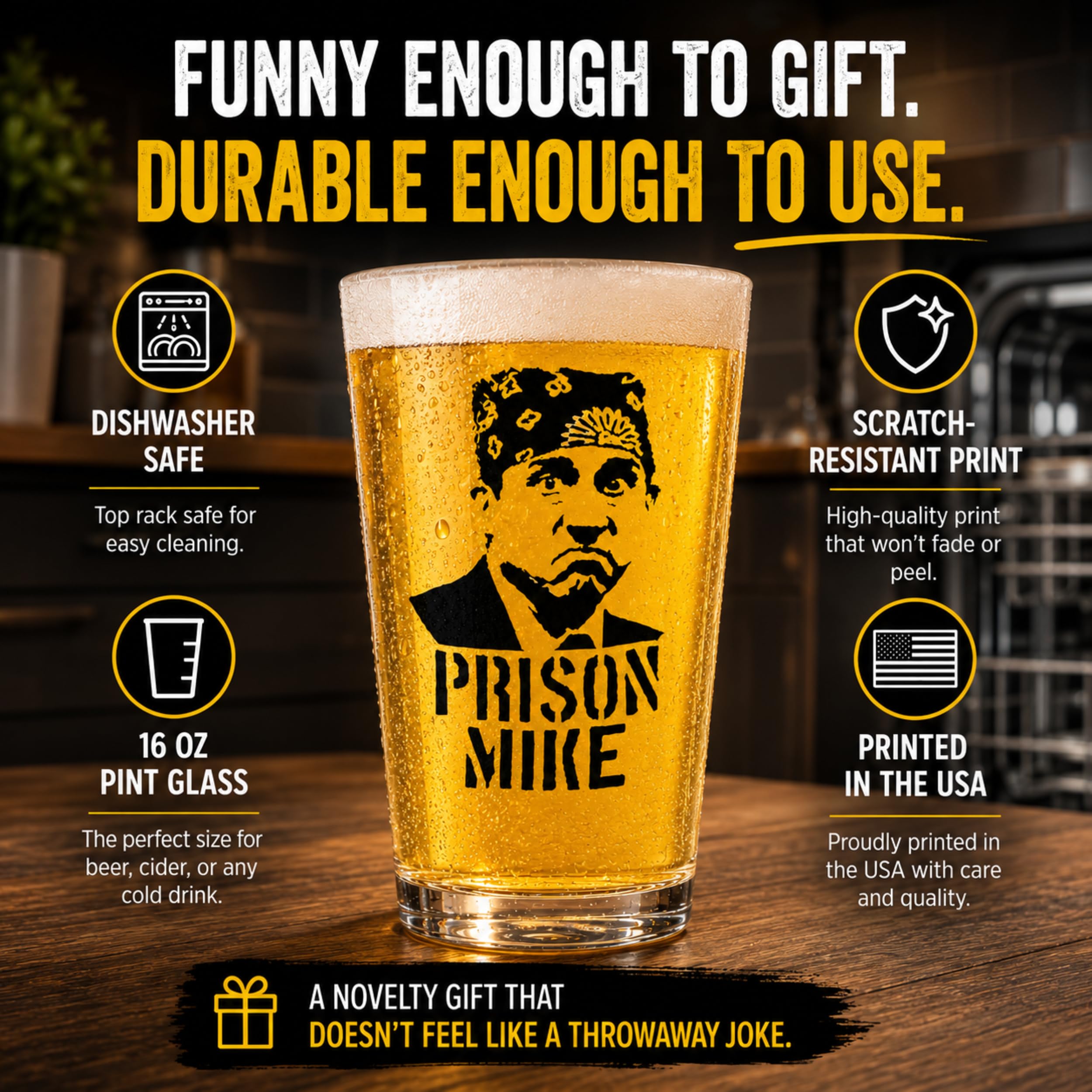 Prison Mike Funny Beer Glass - The Office Merchandise - 16 Oz, Scratch-Resistant Funny Pint Glass - Perfect Stocking Stuffers, Gag Gifts, Birthdays, or Father’s Day - Printed in the USA