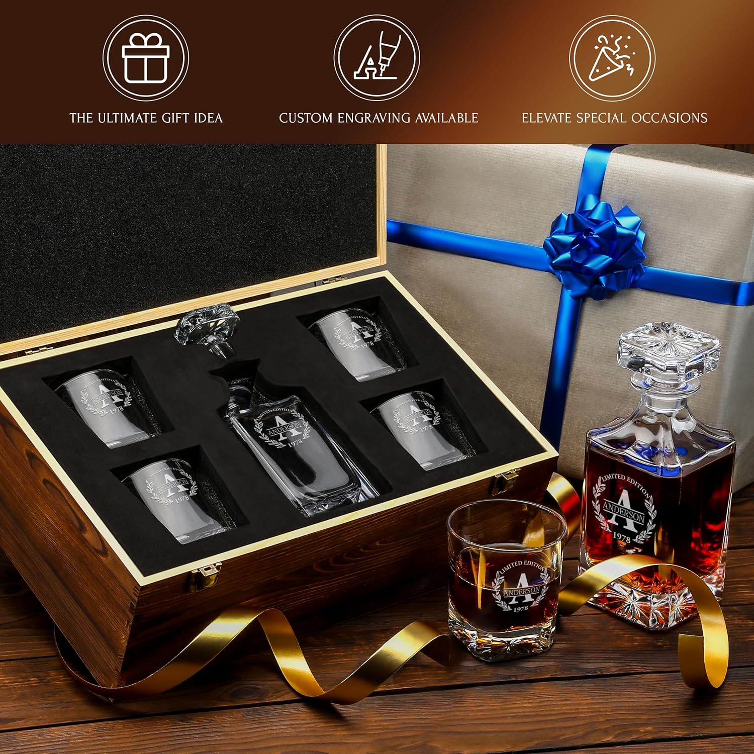 Personalized Whiskey Decanter and Glasses Set - Customized in USA Gift for Him - Men, Dad, Father, Brother, Son - Engraved 30 oz/ 890ml Classic Whiskey Decanter, 4 Classic Glasses in Wooden Gift Box