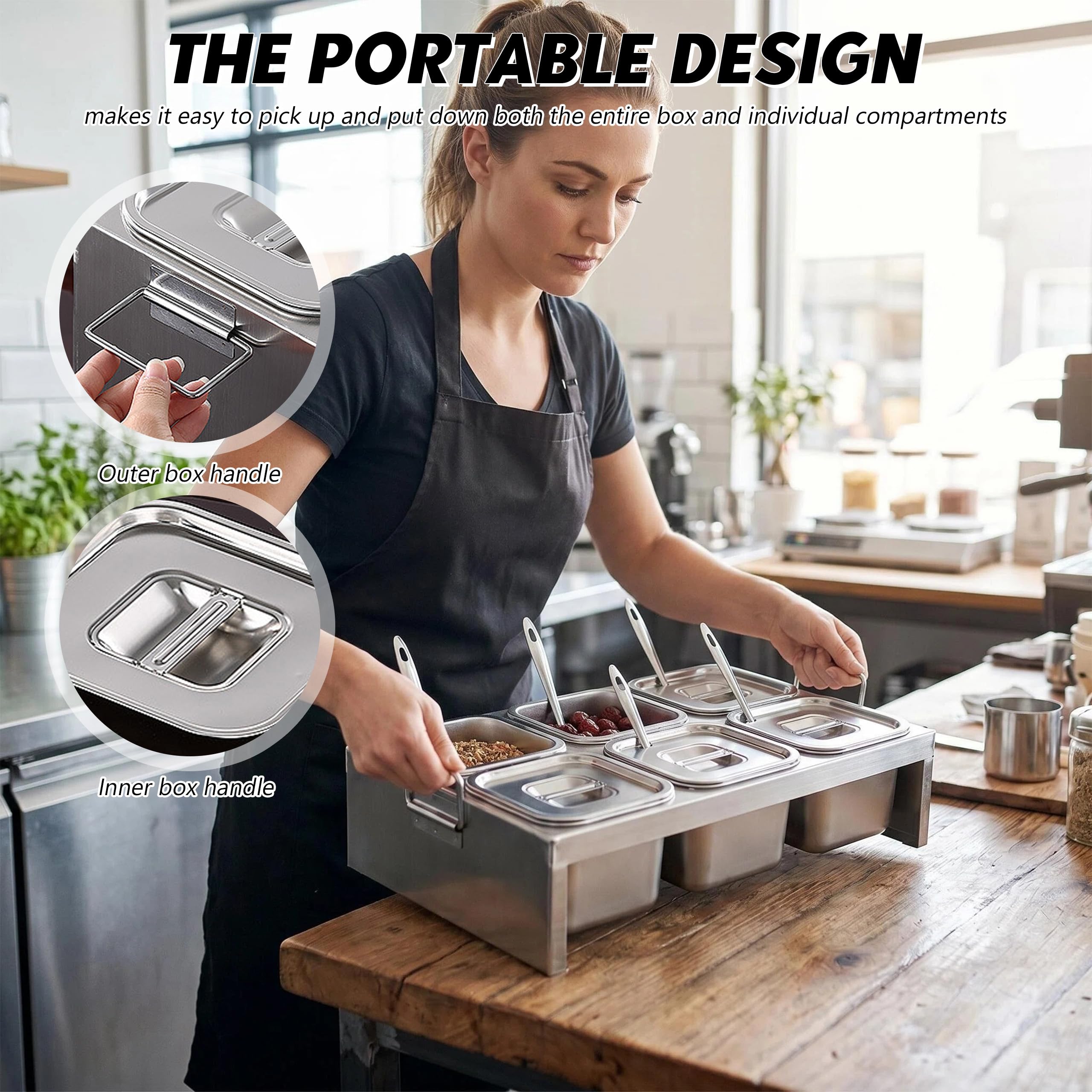 Station de garniture à pizza, récipient à ingrédients en acier | inoxydable avec couvercle et cuillère pour sauces, 6 compartiments, pour cuisine, restaurant et extérieur