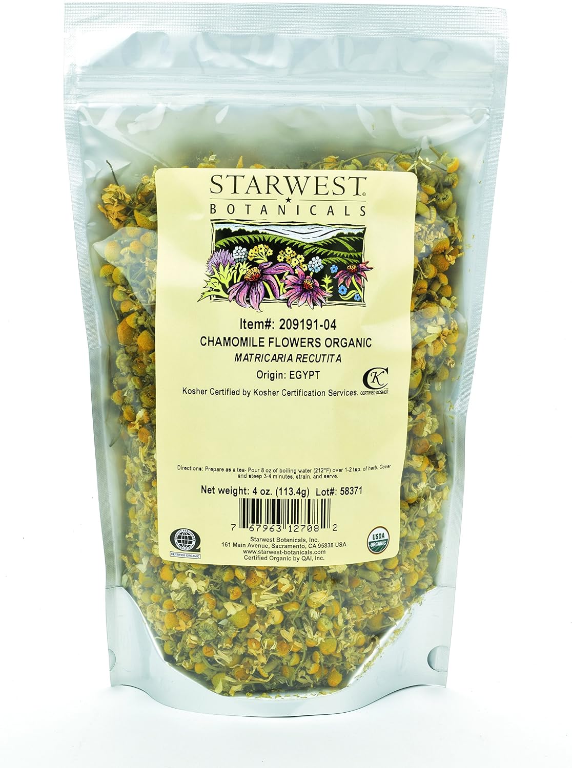Starwest Botanicals Organic Chamomile Flower Whole (Egypt), 4 Ounces