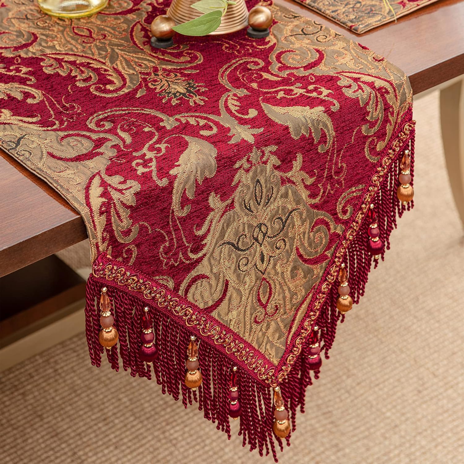 TOPLUXE Table Runner with Handmade Tassels, Table Decoration for Dining Room/Restaurant/Banquet/Festival 33x274cm (Burgundy) - Image 5