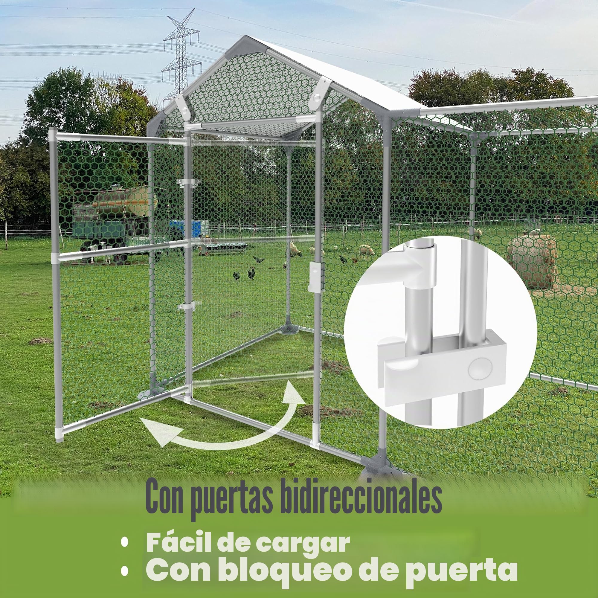 NAIZY - Parque para gallinas con cerradura, gallinero de 4 m x 1 m - Estructura de acero galvanizado con techo protector solar de PE - Pequeño gallinero para gallinas, jaula para pájaros