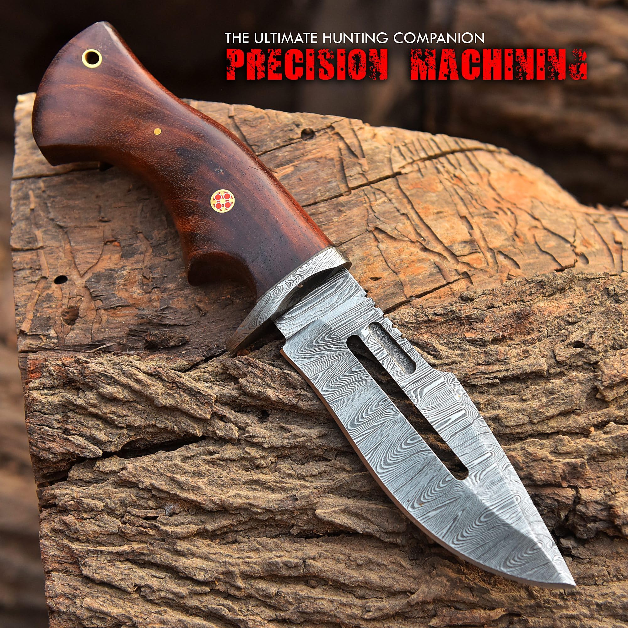 MOHID ENT Handmade Damascus Hunting Knife with Leather Sheath - Ideal for Skinning, Camping, Outdoor - EDC Fixed Blade Bushcraft Knife with Walnut Wood Handle- Horizontal Carry Knives For Men-4002