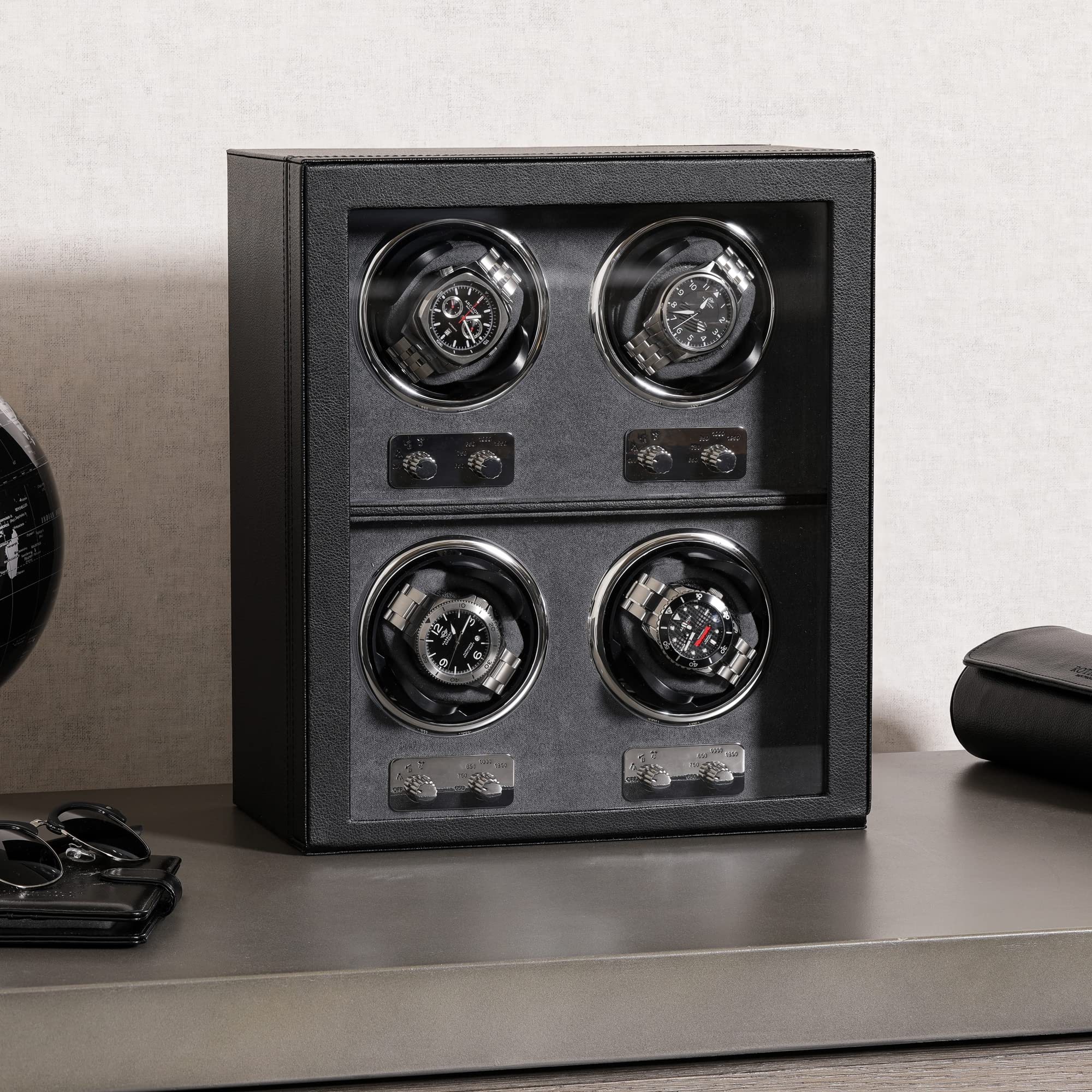 ROTHWELL 4 Watch Winder per orologi automatici con motore silenzioso con velocità multiple e impostazioni di rotazione (Nero/Grigio)