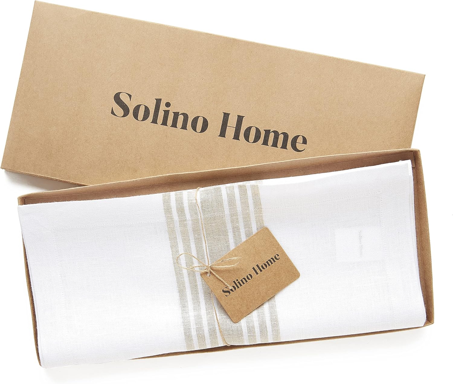 Solino Home Stripe Linen Table Runner 120 Inches Long - 100% Pure Linen Natural and White Farmhouse Table Runner 14 x 120 Inch for Dining, Spring, Summer, Mothers Day
