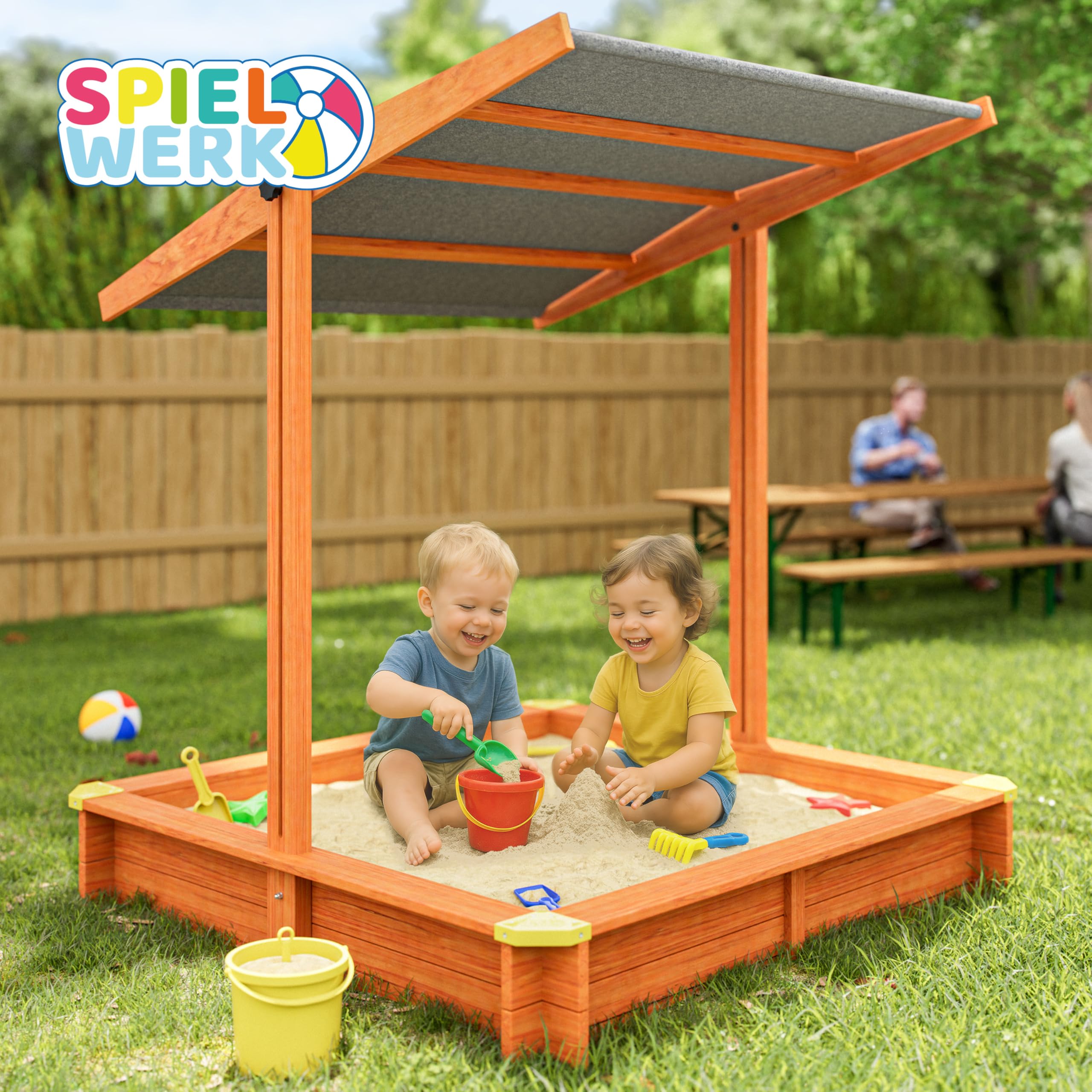 SPIELWERK® Bac à Sable en Bois Sami 120x120cm Tapis de Sol Toit réglable Protection UV 50+ Jeu pour Enfants extérieur Jardin