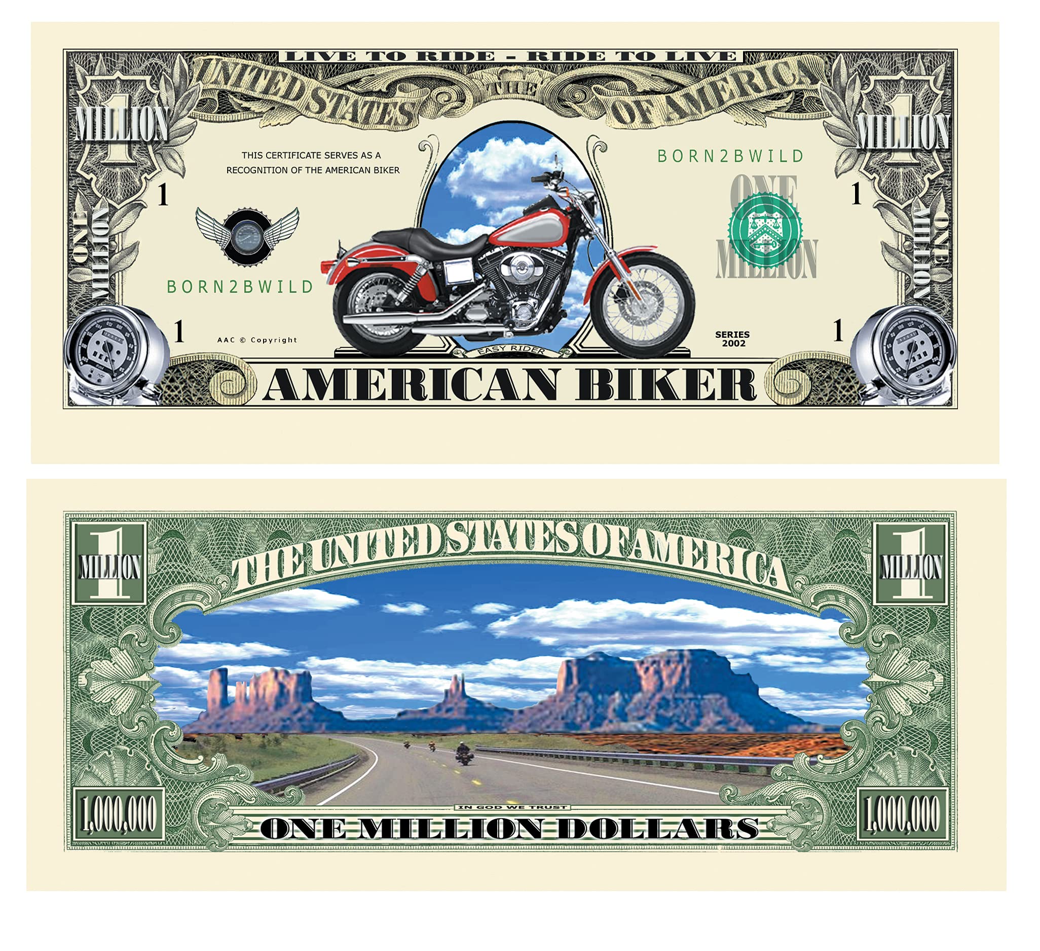 Pack of 25 - Biker Million Dollar Bill - Live To Ride Ride To Live - Great Gift Or Keepsake For Bikers