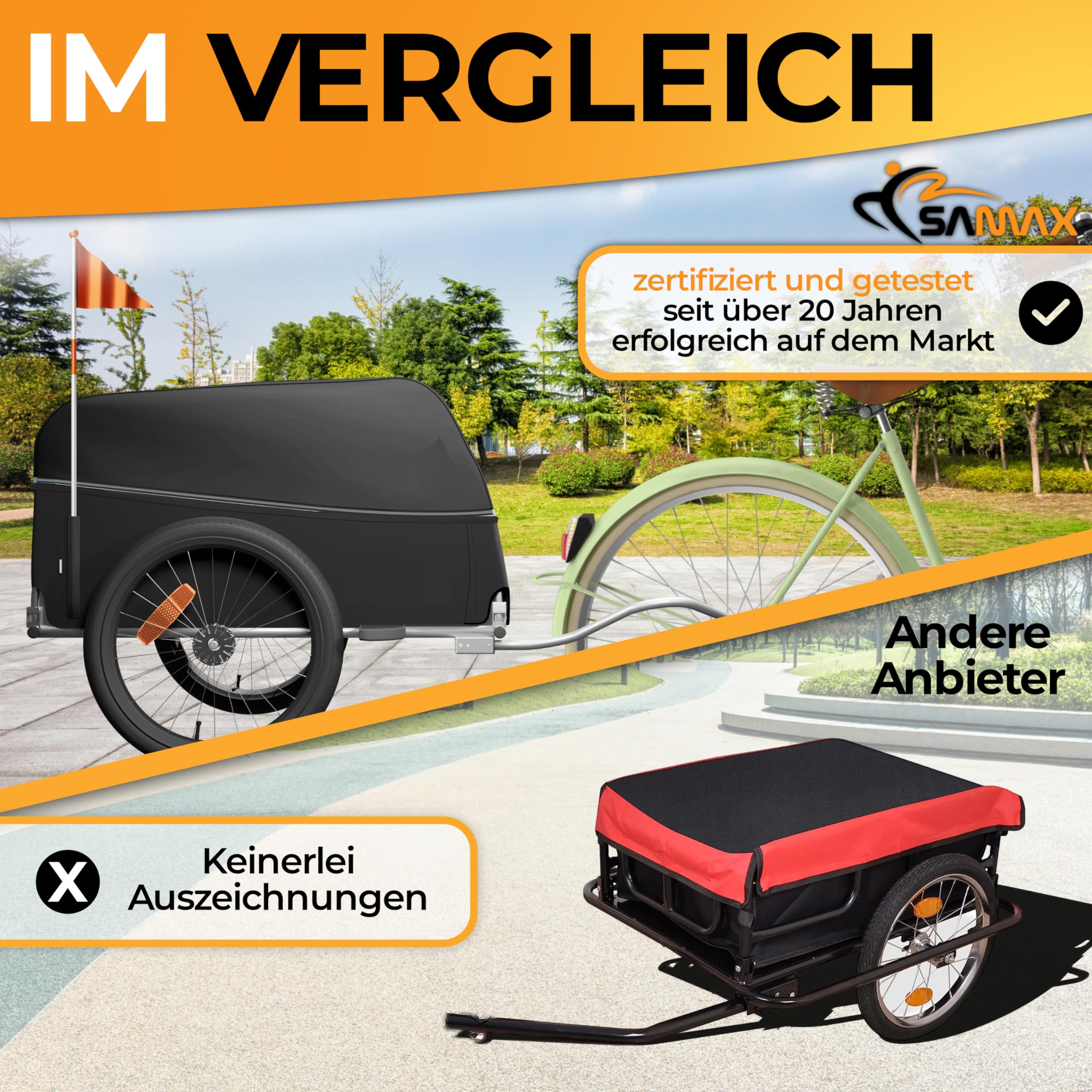SAMAX Remorque de Vélo Chariot de Transport Haute Traction 40 Kg 120 L Noir Gris
