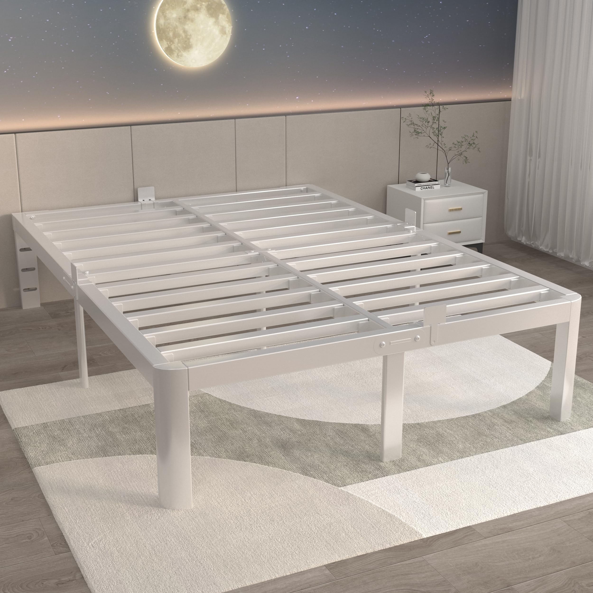 ITIMIDI 14 Inch White Full Size Bed Frame with Round Legs, Metal Platform Bed Frame Full No Box Spring Needed, DIY Headboard, Heavy Duty Steel, Noiseless, Storage Space, Easy Assembly