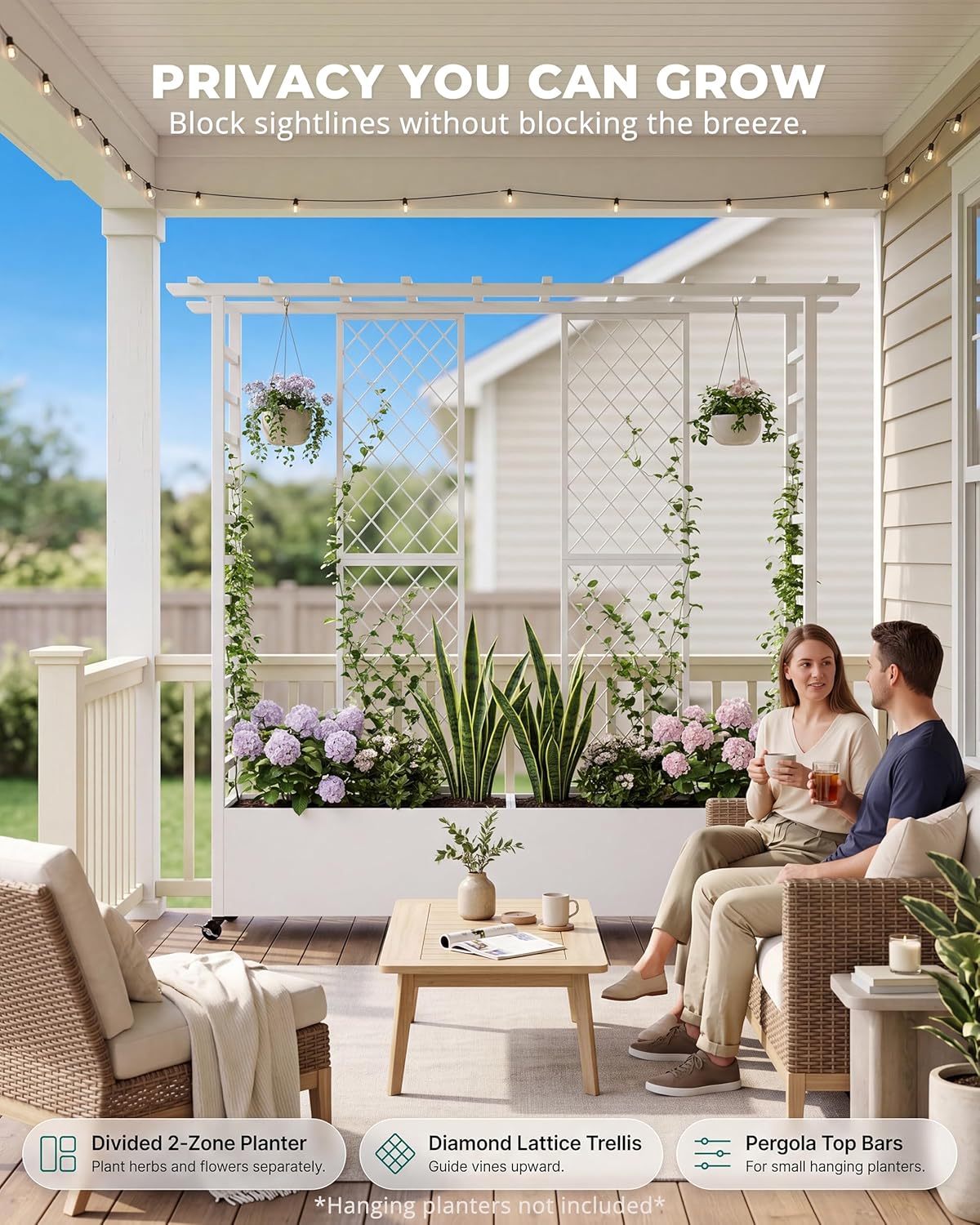 Metal Raised Garden Bed with Trellis, 77" Double Planter Box with Pergola Top & Diamond Lattice, 6 Wheels (4 Lockable), Outdoor Trellis Planter for Climbing Plants Vines Flowers, White
