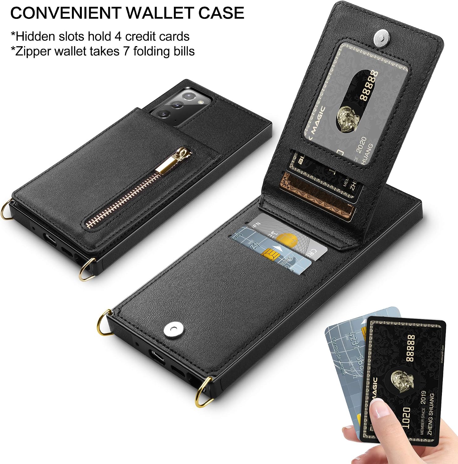 HianDier Compatible with Galaxy Note 20 5G Wallet Case 6.7-inch Card Holder Zipper Back Flip with Crossbody Lanyard Kickstand Credit Card Slot Soft PU Leather Square Cover, Black
