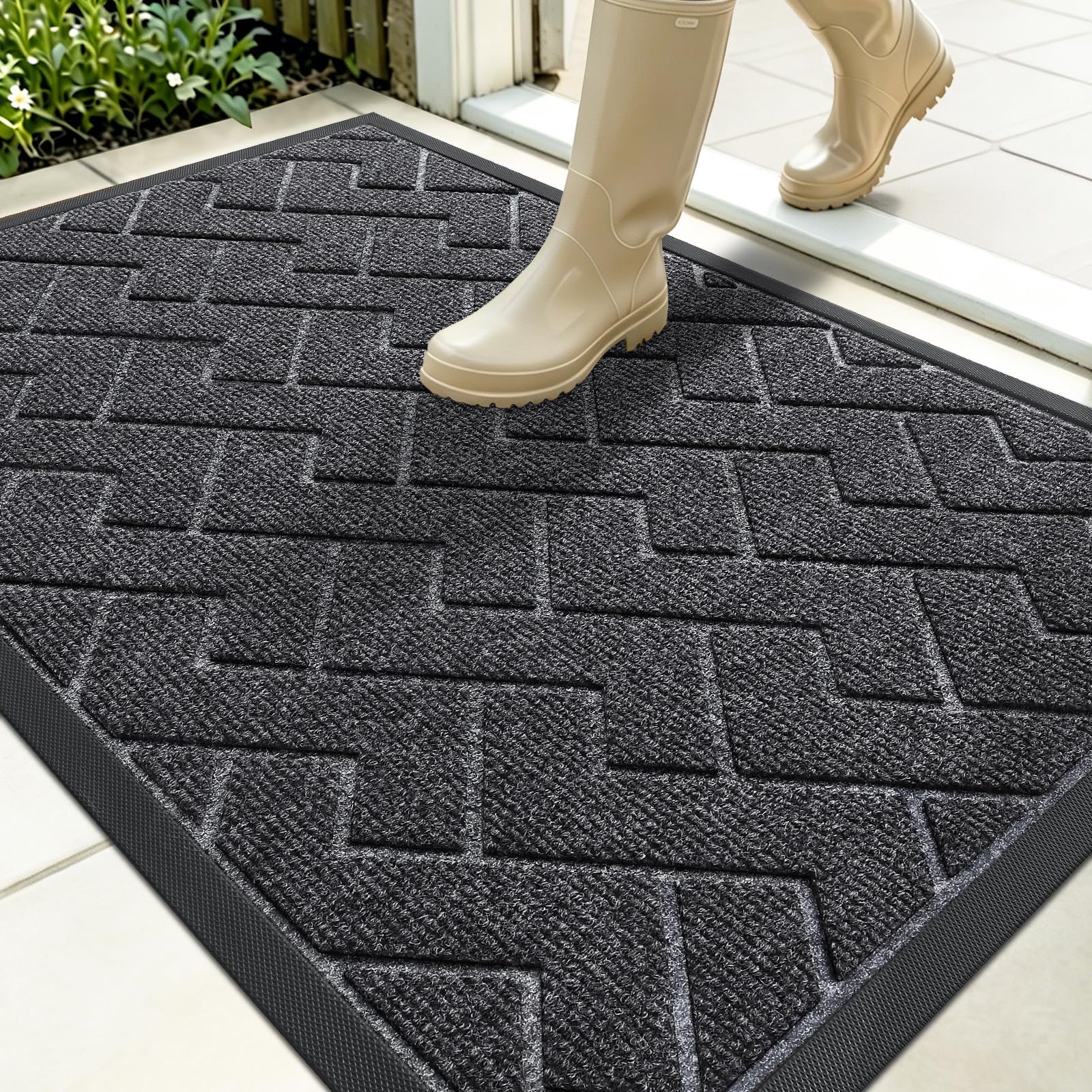 OLANLY Front Door Mat Outside 35x23, All-Season Absorbent Rubber Doormat | Grey, Heavy-Duty, Stain and Fade Resistant, Waterproof Non-Slip Backing, Low-Profile Indoor Outdoor Floor Mat for Entryway