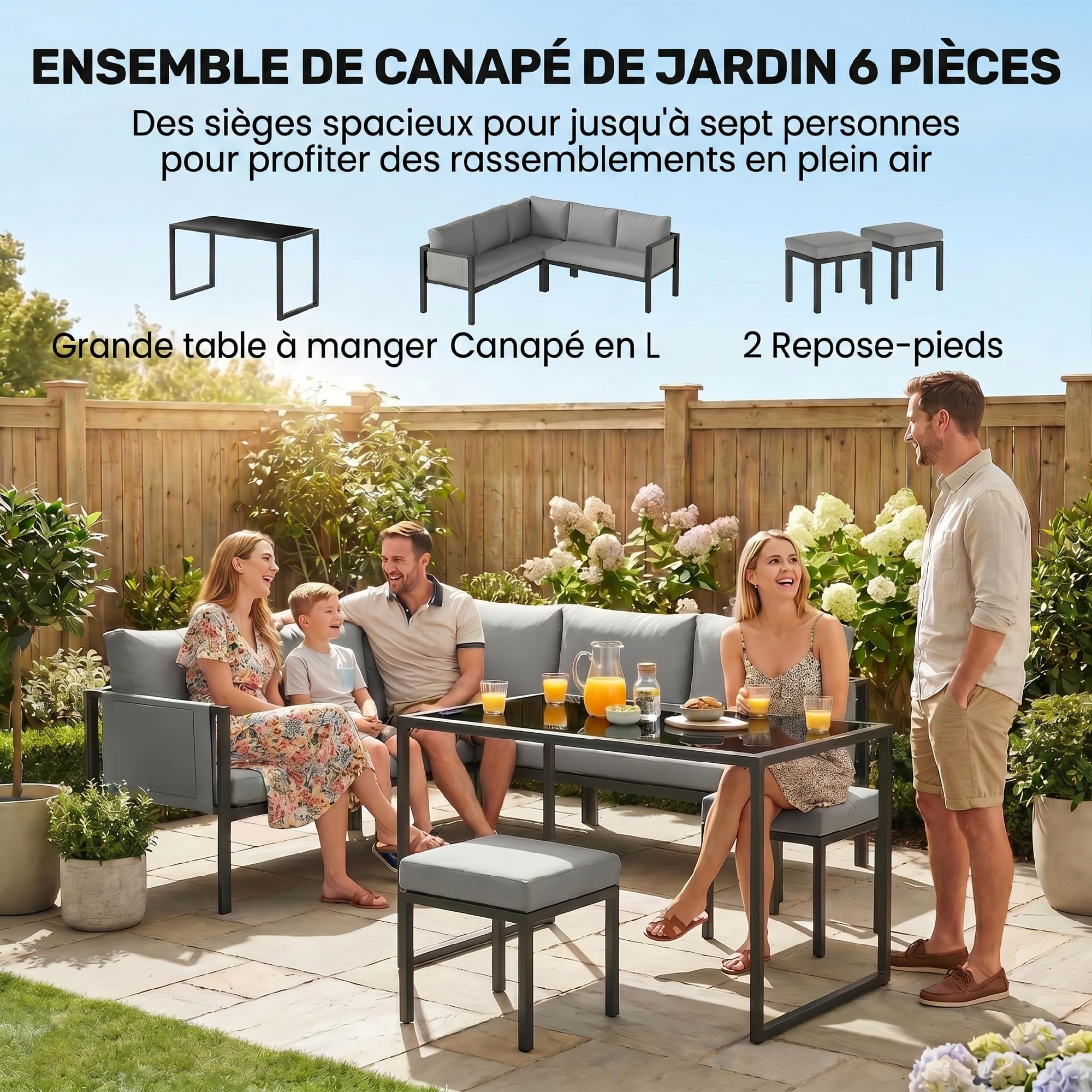 Outsunny Salon de Jardin 6 Pièces Canapé d'angle Extérieur Acier Gris | Ensemble Meuble de Jardin avec Coussins 10cm, Table Haute, 2 Repose-pieds, Mobilier de Terrasse 7 Personnes, Textilène