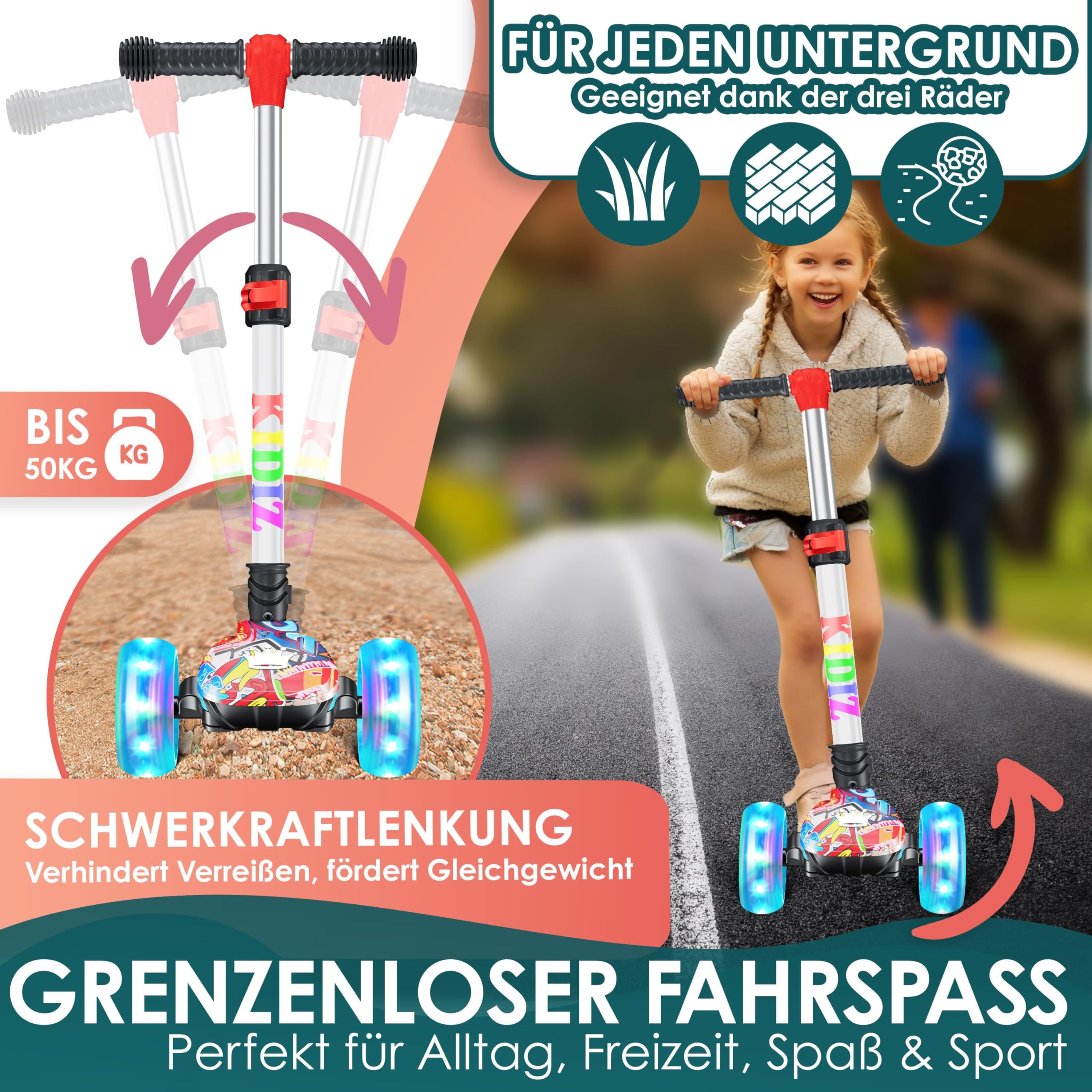 KIDIZ® Trottinette Pro1 à Trois Roues avec LED en polyuréthane - Hauteur réglable - pour Enfants de 3 à 12 Ans