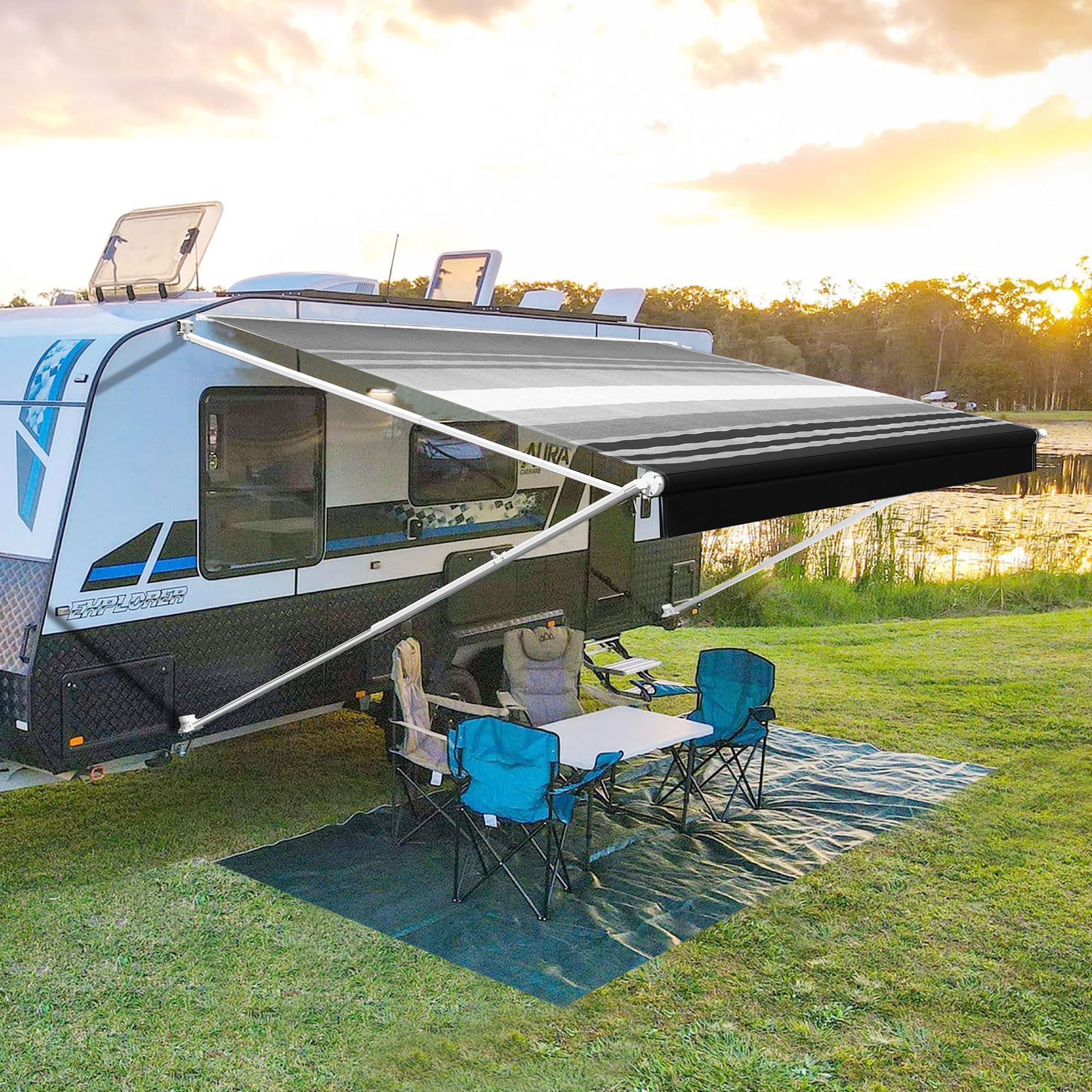 YESCAMP Manual RV Awning Complete Kit Retractable Camper Awning for RV or Trailers RV Roll Out Awning for Camper or 5th Wheel,Travel Trailers,Toy Haulers,Motohome(10Ft,White Frame,Black Stripe)