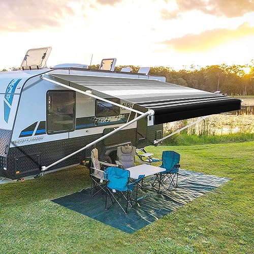 YESCAMP Manual RV Awning Complete Kit Retractable Camper Awning for RV or Trailers RV Roll Out Awning for Camper or 5th Wheel,Travel Trailers,Toy Haulers,Motohome(11Ft,White Frame,Black Stripe)