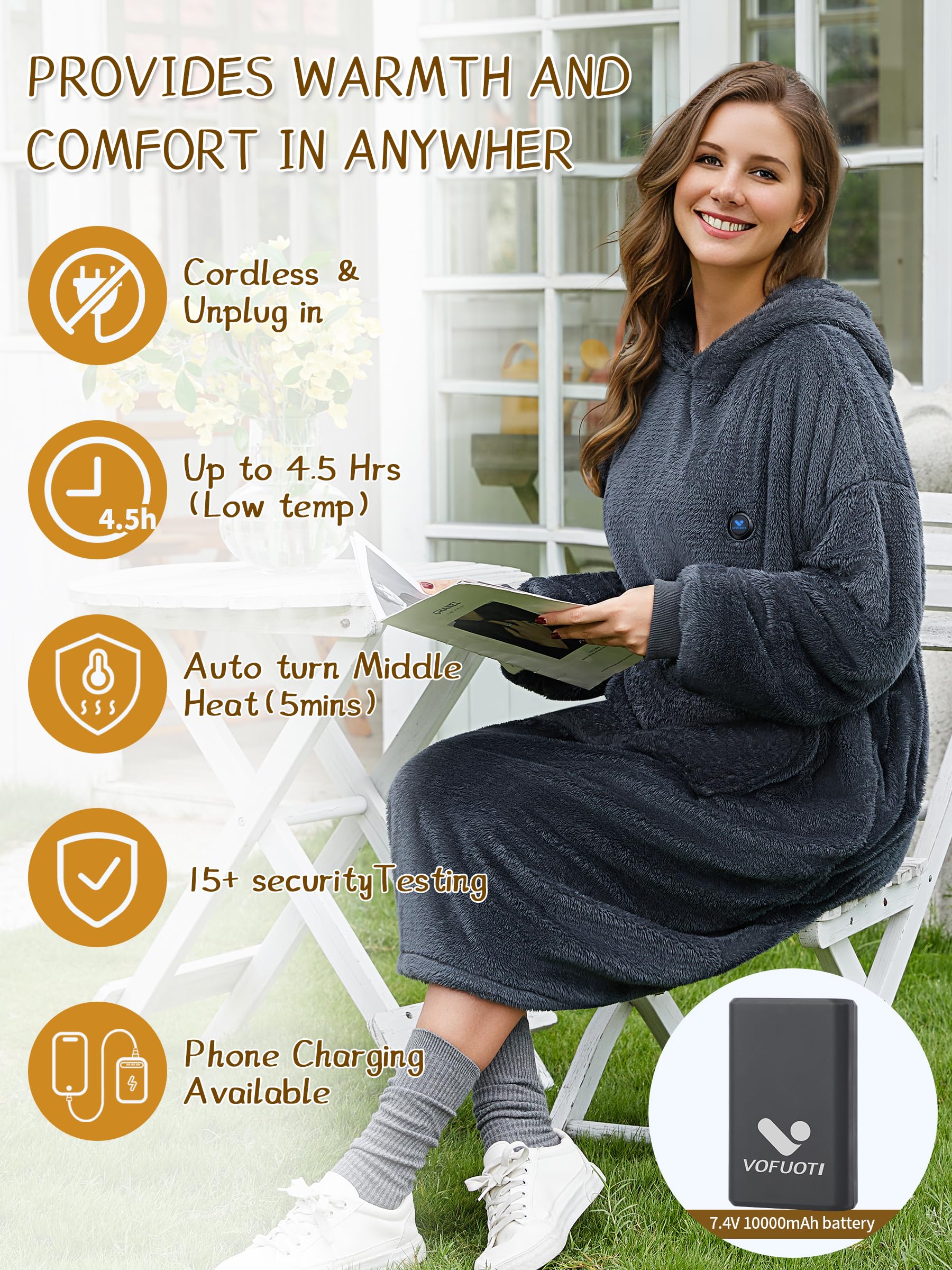 Beheizte Hoodie Decke mit Ärmeln,Heizdecke mit Ärmeln Kabellos mit Akku,10000mAh,Geschenk für Frauen,Tragbare Decke zum Anziehen Erwachsene Kuscheldecke,Weihnachtsgeschenke für Freundin Mütter75*110cm