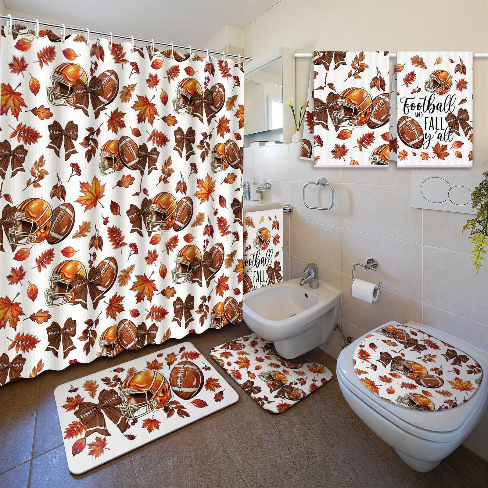 Nuanchu 6 Pcs Football Shower Curtain Set with Rug Fall Leave Bathroom Sets
