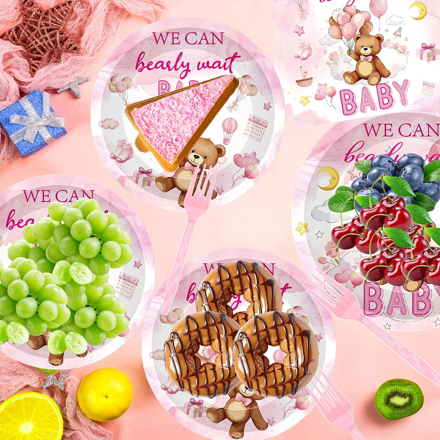 96 Pcs We Can Bearly Wait Baby Shower Decorations, Bear Tableware Set image 5