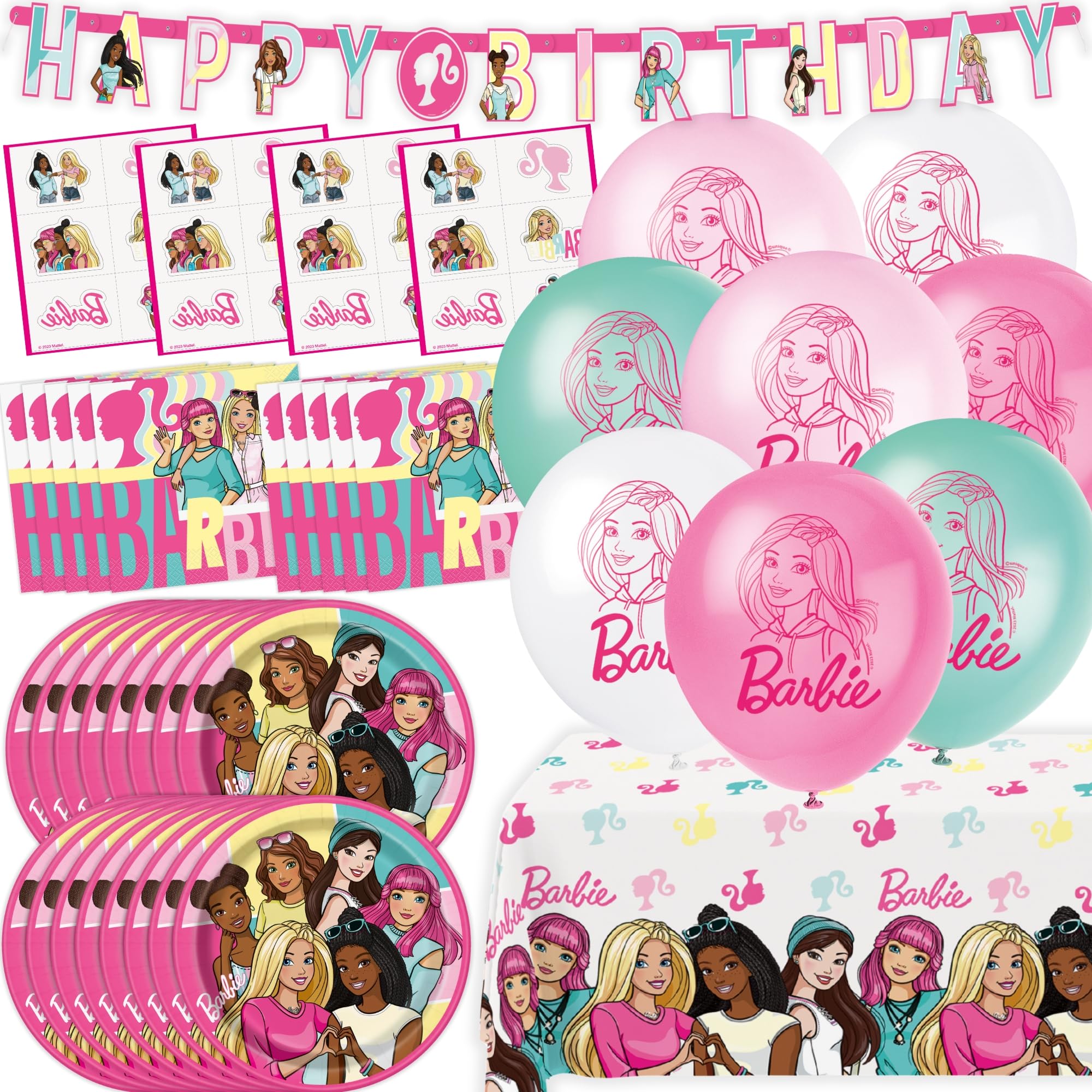 Barbie Geburtstagsparty Dekorationen | 16 Gäste | Tattoos, Tischdecke, Teller, Servietten, Luftballons, Banner, Checkliste | Offiziell lizenziert